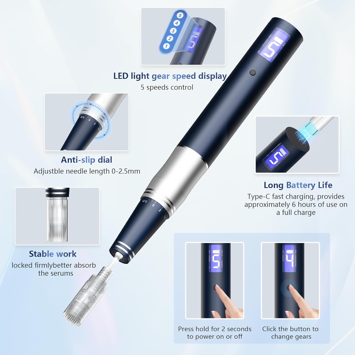 Thumbnail 4 de Microneedling Pen mit LCD-Display – Dermapen-Set mit 24 Einweg-Nadeln und 5 Geschwindigkeitsstufen