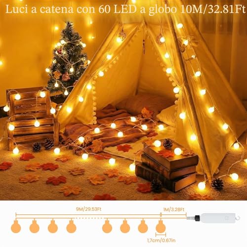 Detalle 2 de Catena luminosa Giliwosy 60 LED da 10 m, batteria ricaricabile, IP65: luce calda per interno ed esterno