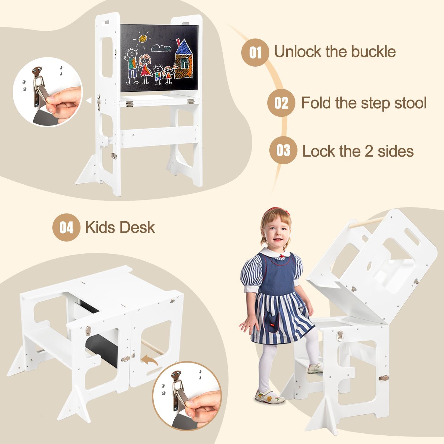 Thumbnail 2 de Toddler Standing Tower 4-in-1 Wooden Learning Tower (White) – Stool that turns into table, chair & chalkboard