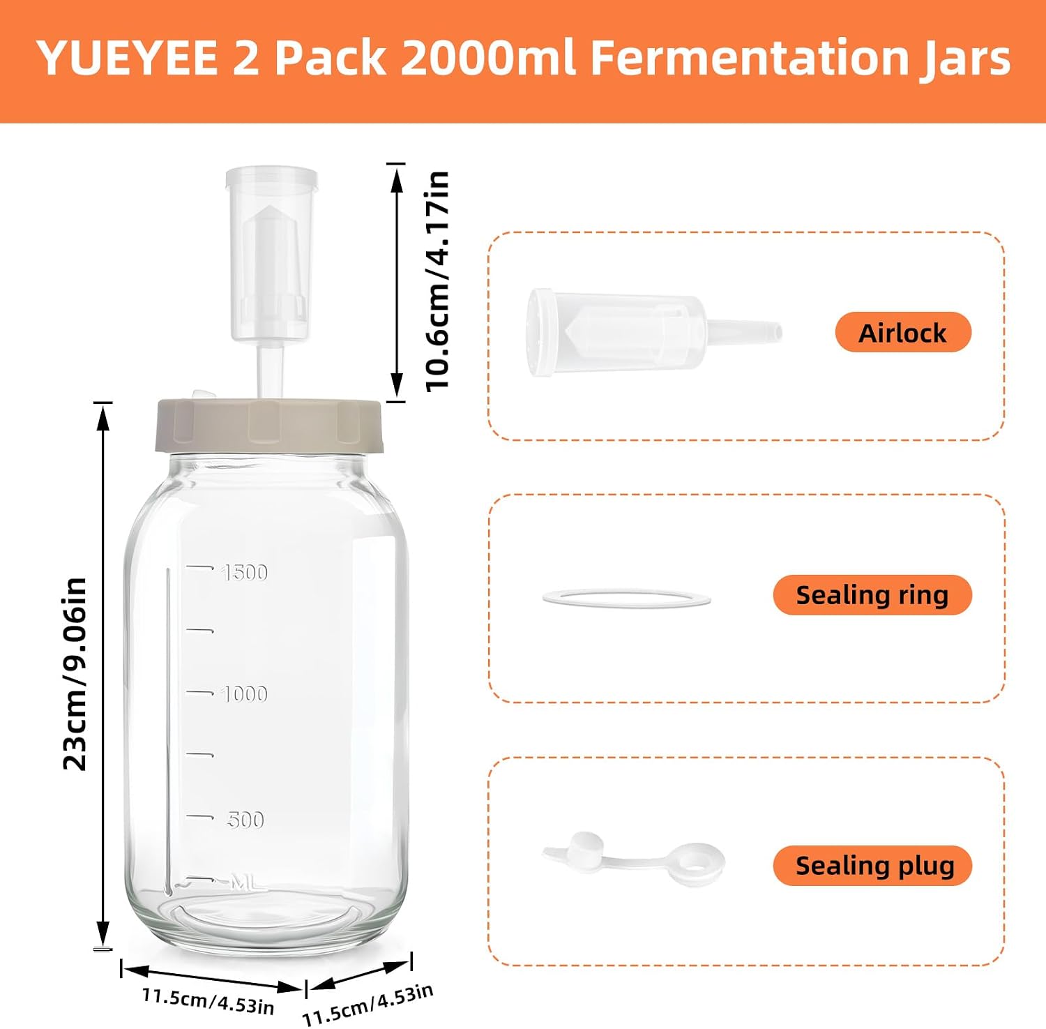 Detalle de YUEYEE Fermentierglas 2 Stück 2L mit Datumsanzeige – Gärglas mit Luftschleuse für Kimchi, Sauerkraut und mehr