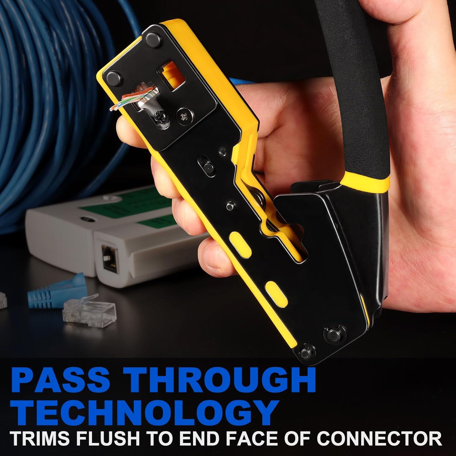 Thumbnail 5 de Hiija Pinza crimpatrice RJ45 passante con tester, 50 connettori e 50 coperture (Cat5/5e/Cat6)