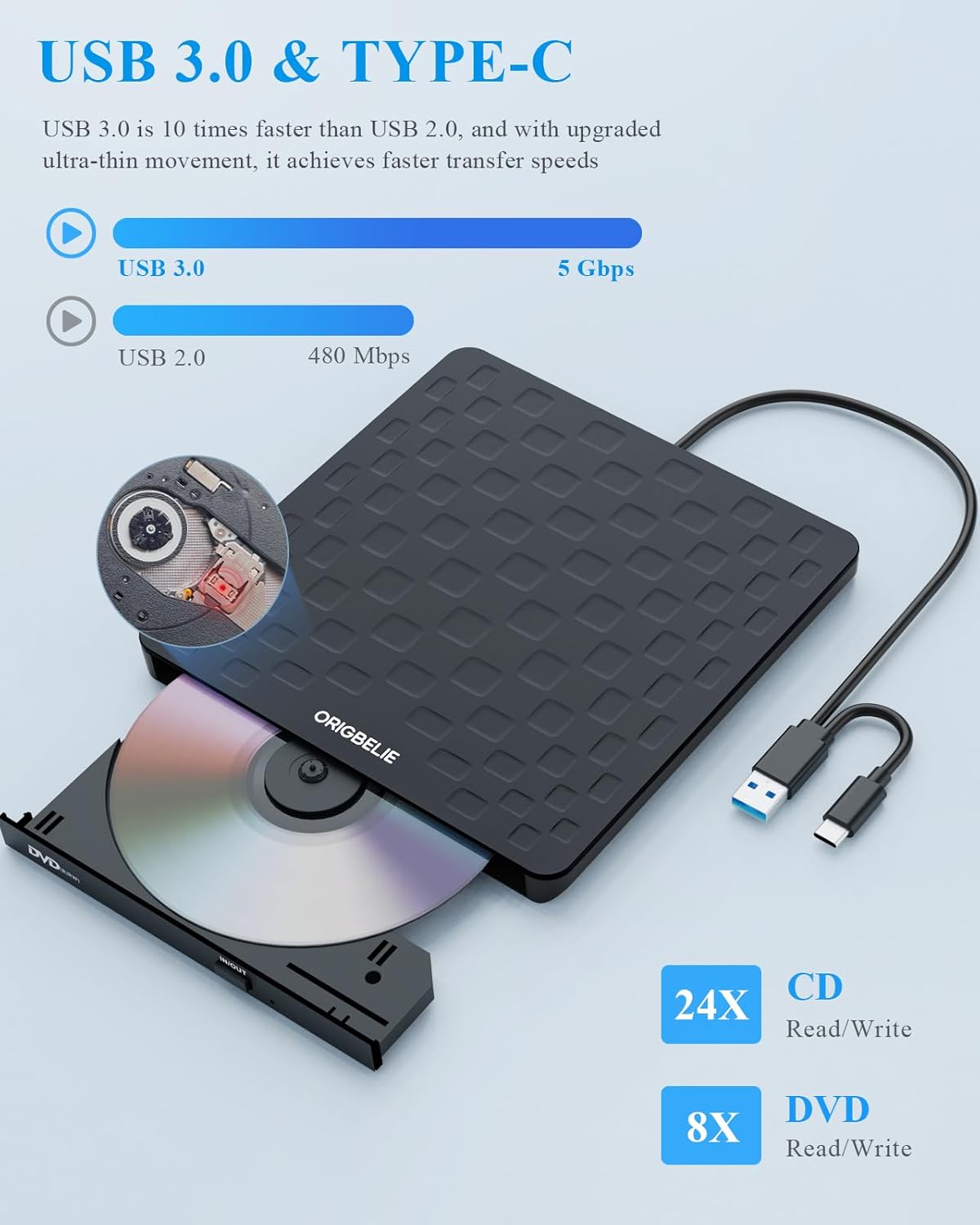 Thumbnail 3 de ORIGBELIE Grabadora CD DVD Externa USB 3.0 13 mm