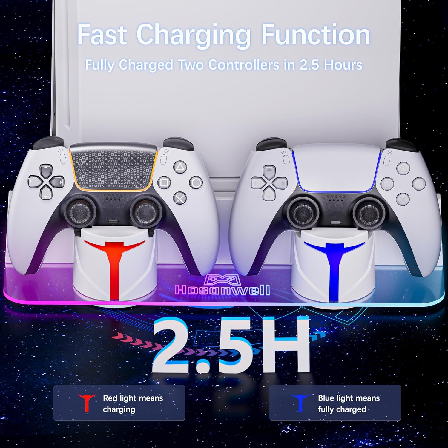 Detalle de Hosanwell PS5 Wall Mount with Charging Station (for PS5/PS5 Pro/PS5 Slim) – Dual Use Dock with RGB Lights, White