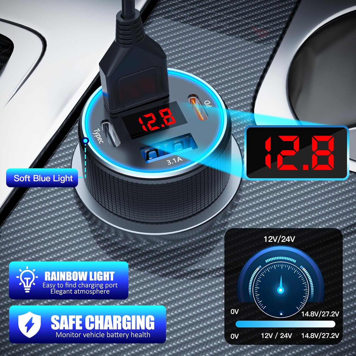 Thumbnail 3 de USB-C Zigarettenanzünder Adapter (12V) mit LED-Voltmeter und 4 Ports – Schwarz & Kabel