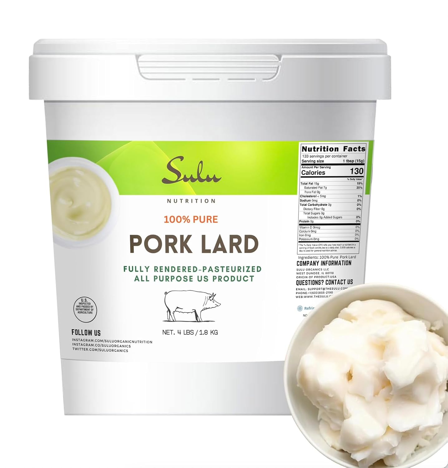 Detalle de SULU ORGANICS 4 LBS Fully Rendered Pork Lard for Frying and Baking