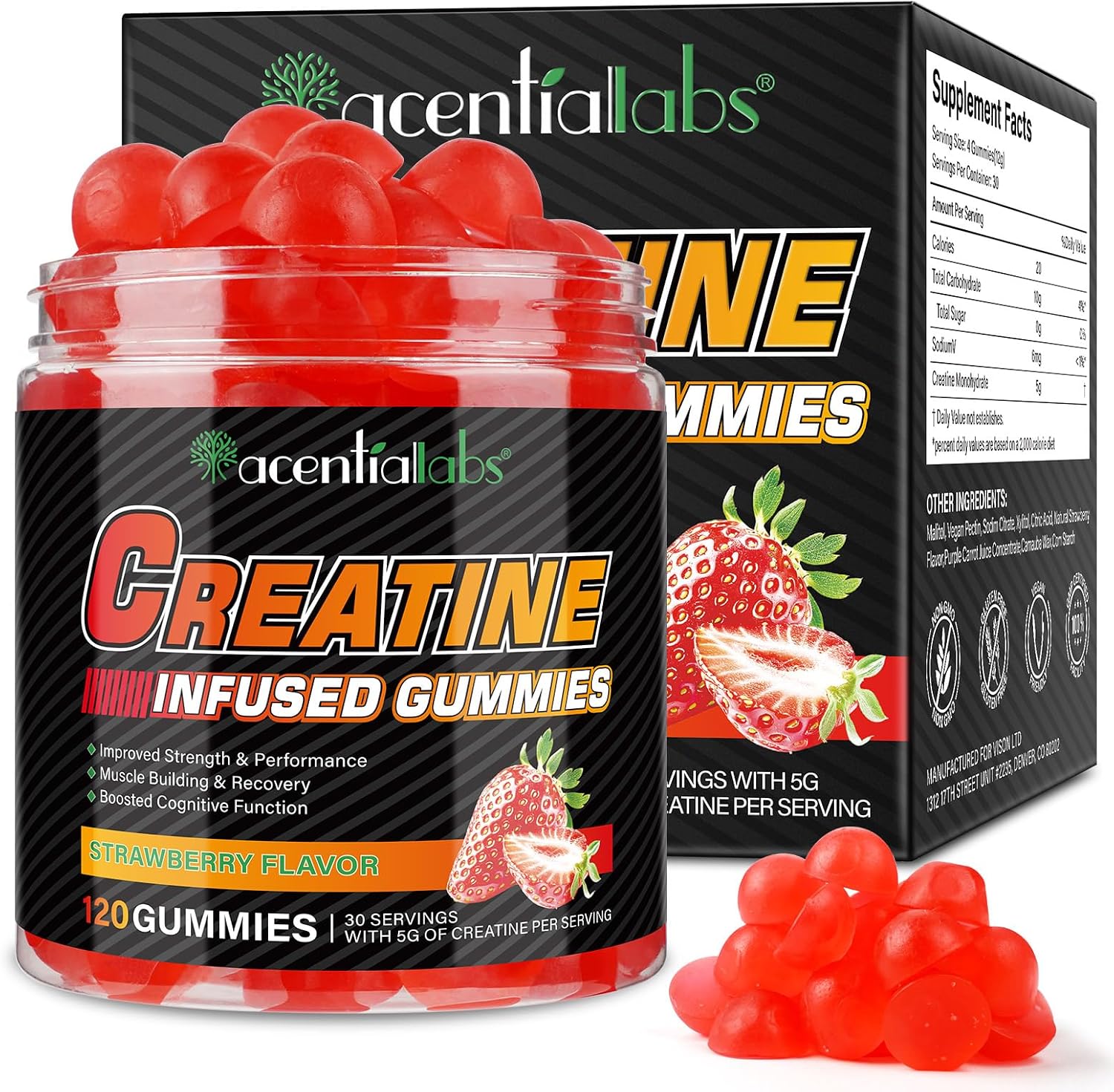 Detalle de Creatin Ultra Gummis mit Kreatin-Monohydrat (5 g pro Portion) – 120 vegane Kreatin-Gummis