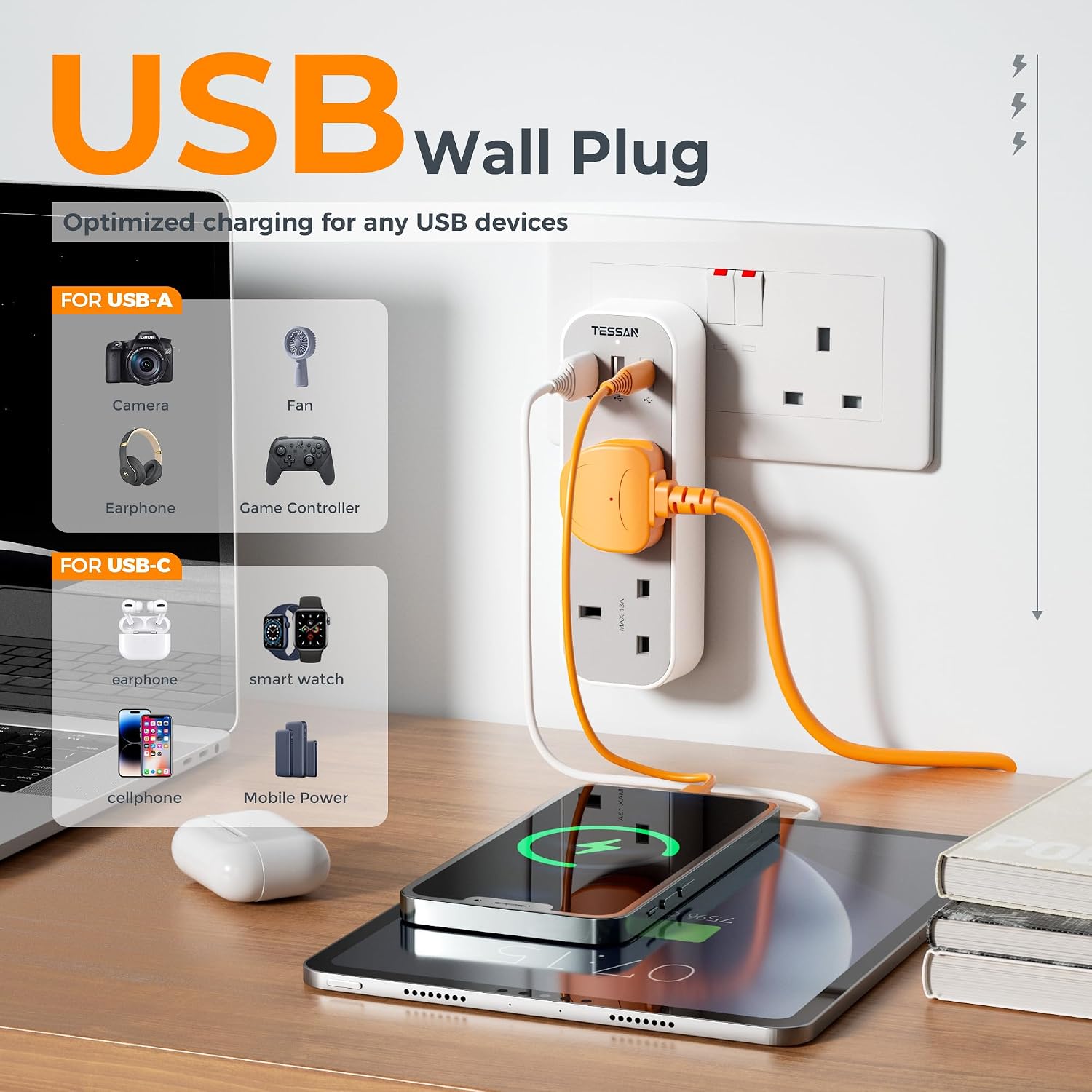 Detalle 1 de TESSAN 13A double plug adapter with 3 USB