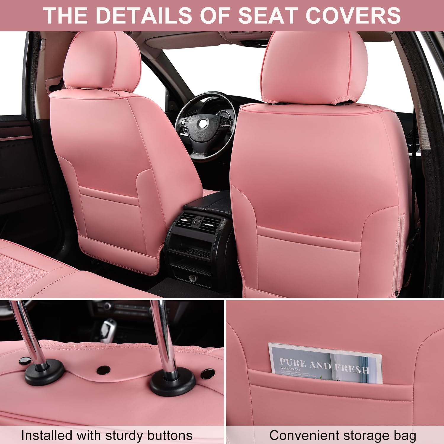 Thumbnail 2 de TINRAIYANG Pink Car Seat Covers Full Set with Removable Memory Headrests
