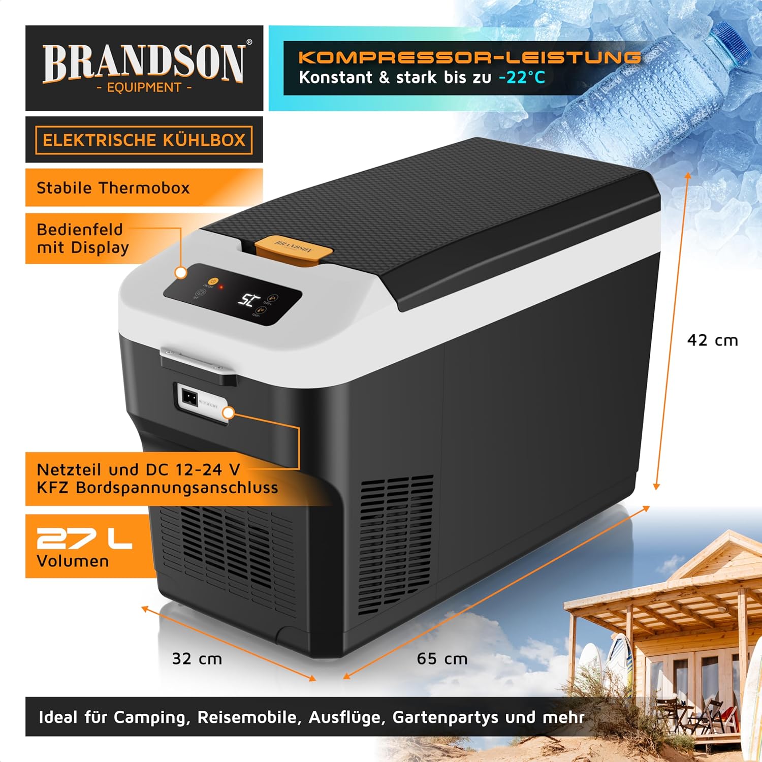 Thumbnail 1 de Brandson Kühlbox elektrisch mit Kompressor XXL 27 L – 12V/230V, zwei Fächer, ECO-Modus