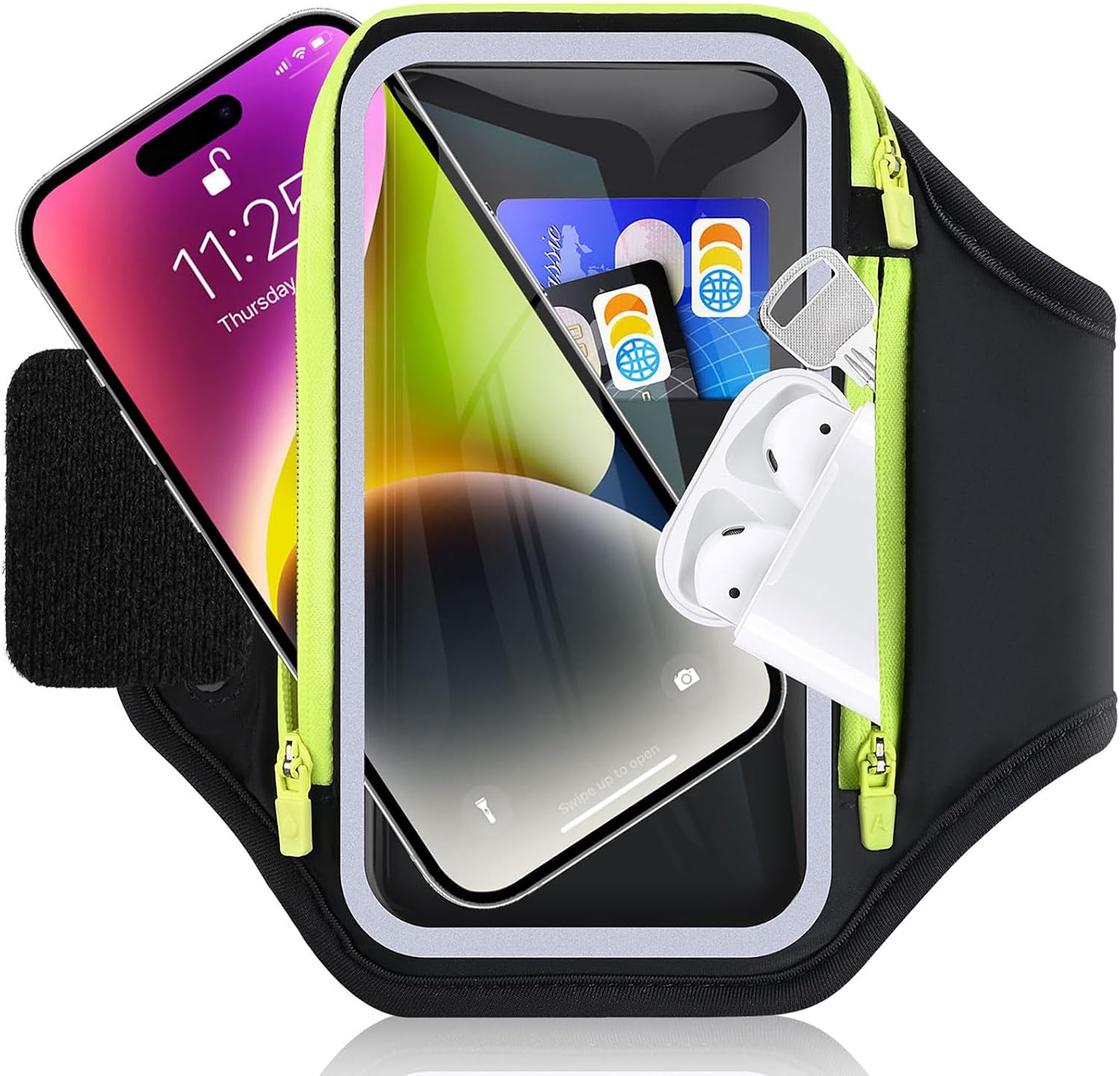 Razobws Running Phone Holder with Foldable Elastic Strap and Zipper Armband Key Bag (Black) – fits up to 6.9" phones