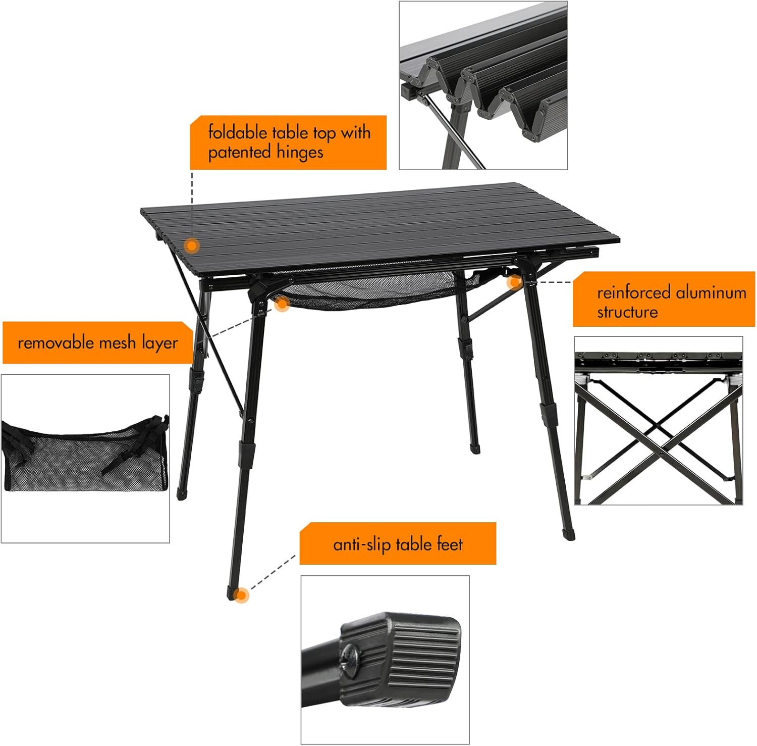 Detalle de Portal faltbarer Campingtisch mit höhenverstellbaren 4 Beinen (Aluminium) 90 x 53 cm für bis zu 4 Personen