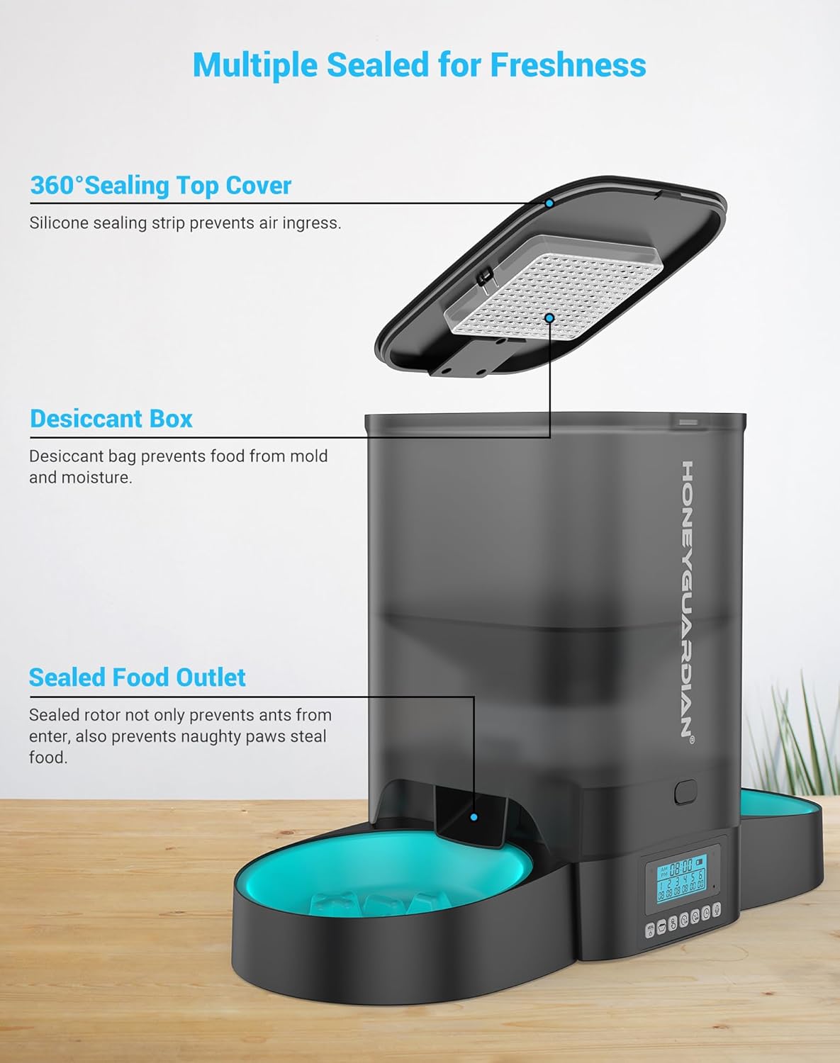 Thumbnail 3 de HoneyGuaridan Automatic Cat Feeder for 2 Cats (Dual Bowls) with Slow Feeder Bowls and Fresh-Lock Sealing
