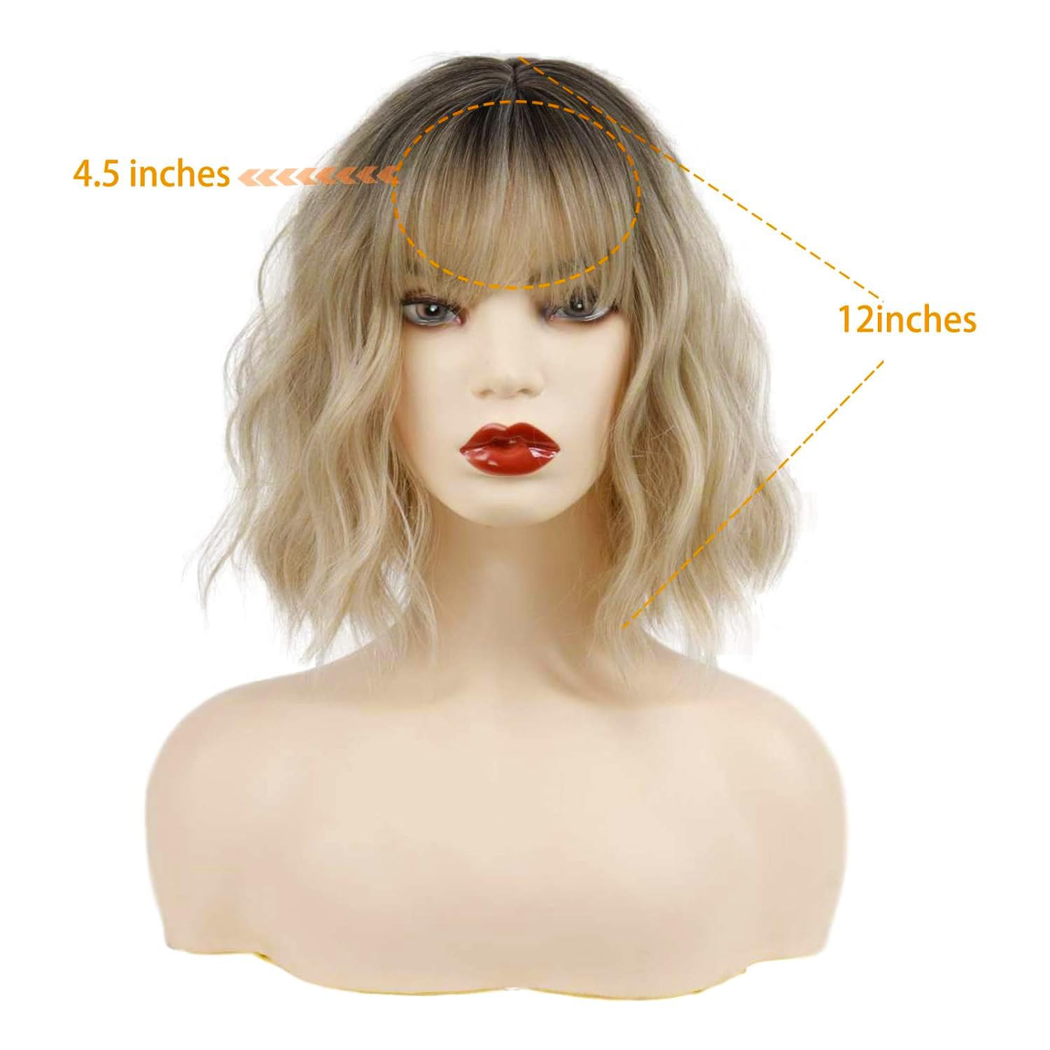 Detalle de MISSQUEEN Short Blonde Wig with Bangs - Wavy Bob, Ombre Synthetic Hair