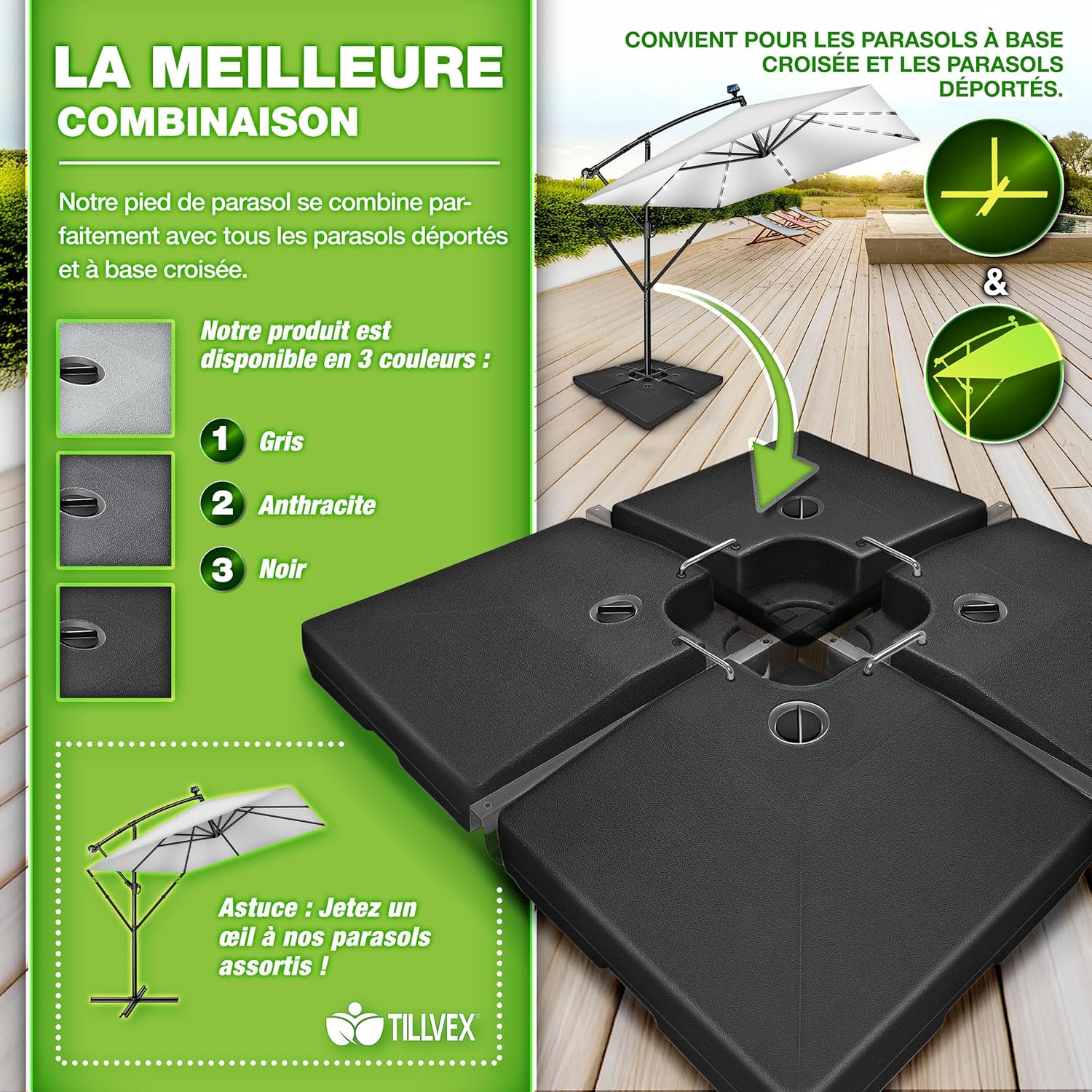 Thumbnail 5 de tillvex Lestage & Dalles Carrées pour Parasol Déporté – Base à remplir 90 L d’eau / 120 kg de sable, 4 pièces