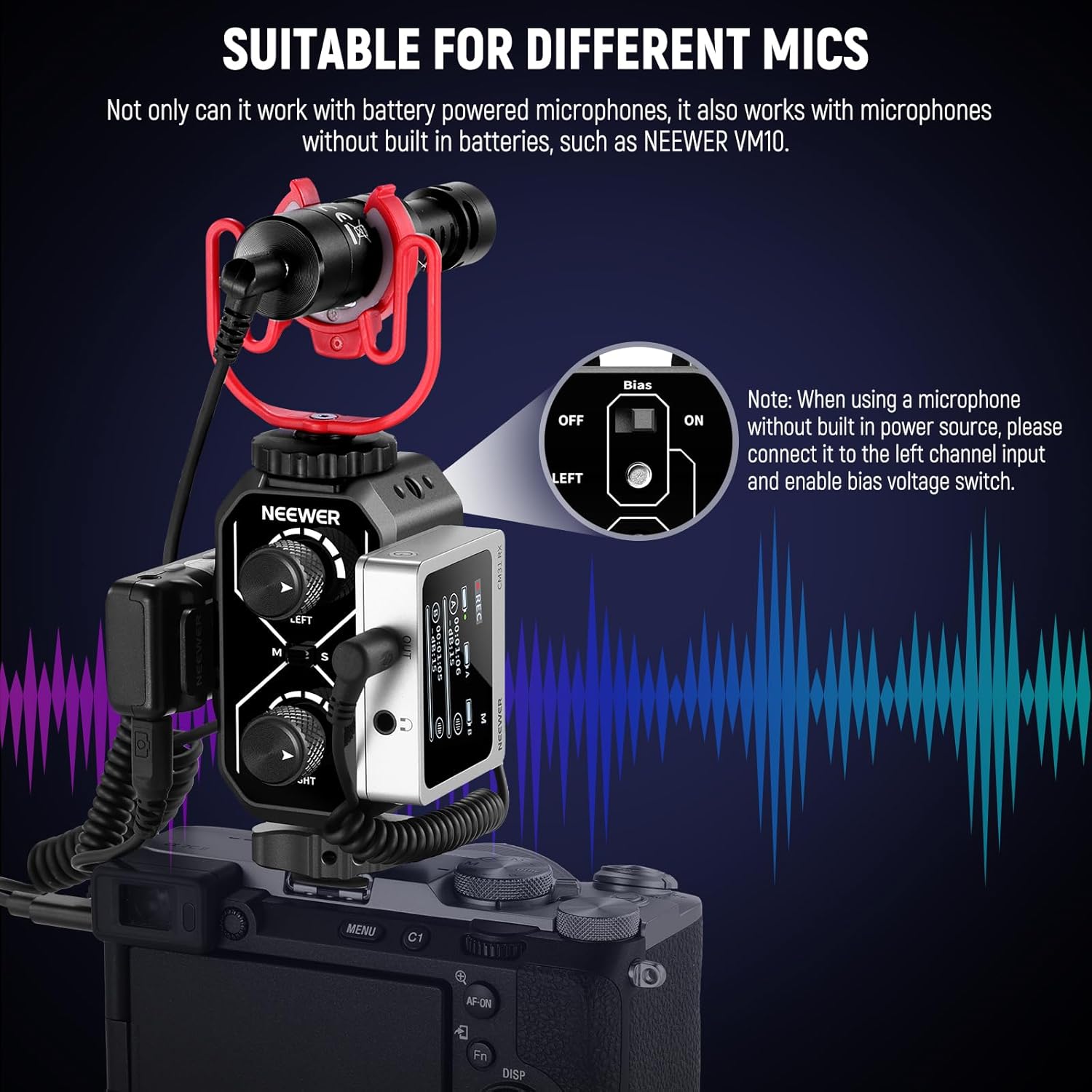 Thumbnail 4 de NEEWER MM02 adattatore mixer audio con 2 canali, uscita TRS 3,5 mm e cold shoe per microfoni e ricevitori wireless