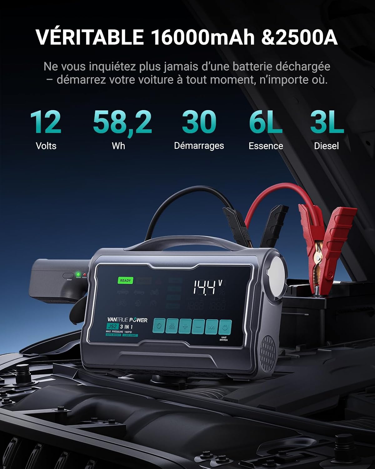 Thumbnail 1 de VANTRUE POWER JS2 2500A: Booster batteries et gonfleur 9" avec charge rapide et affichage en temps réel