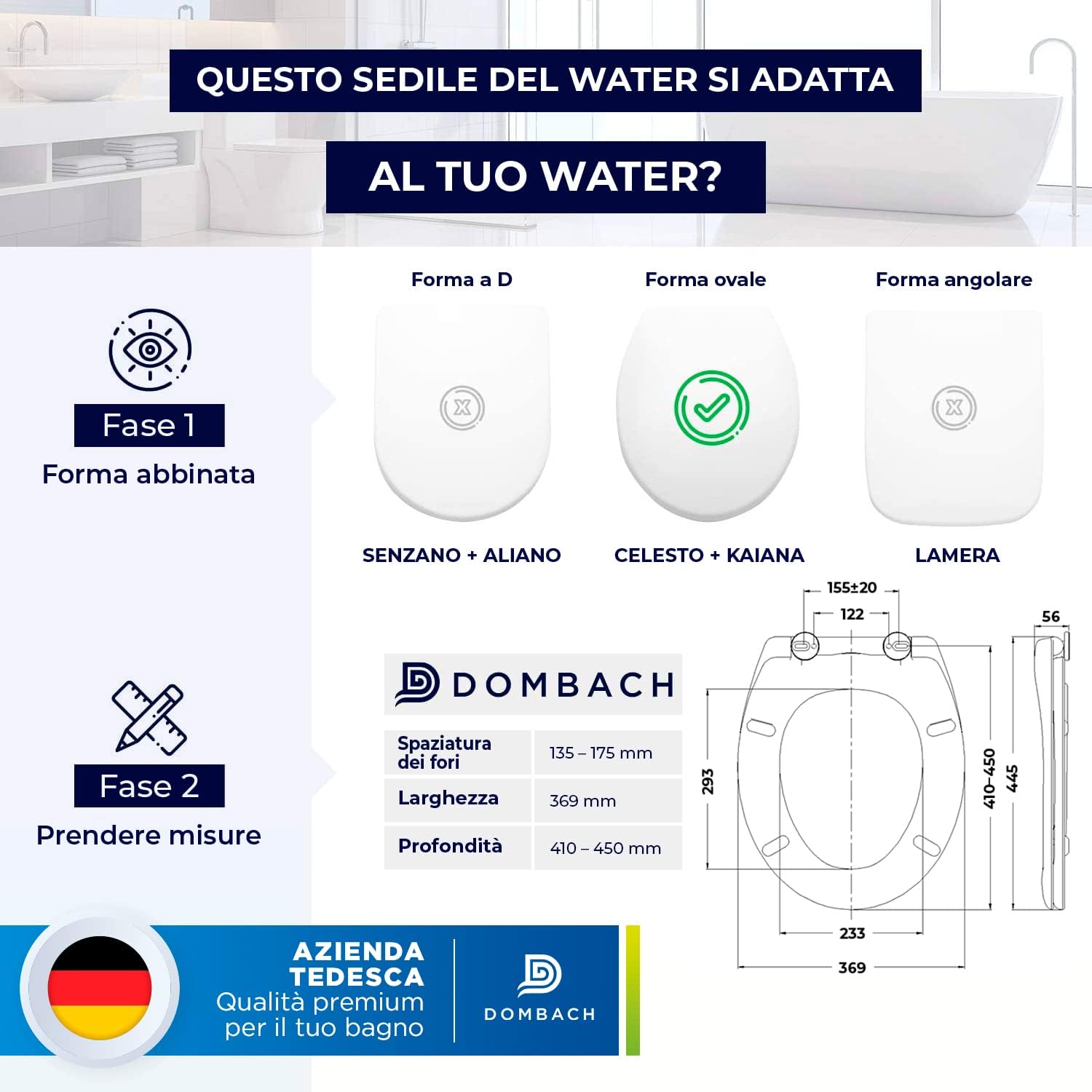 Detalle de Dombach Kaiana Coperchio Water - Tavoletta Water Oval Bianco, Antibatterico e Ammortizzato