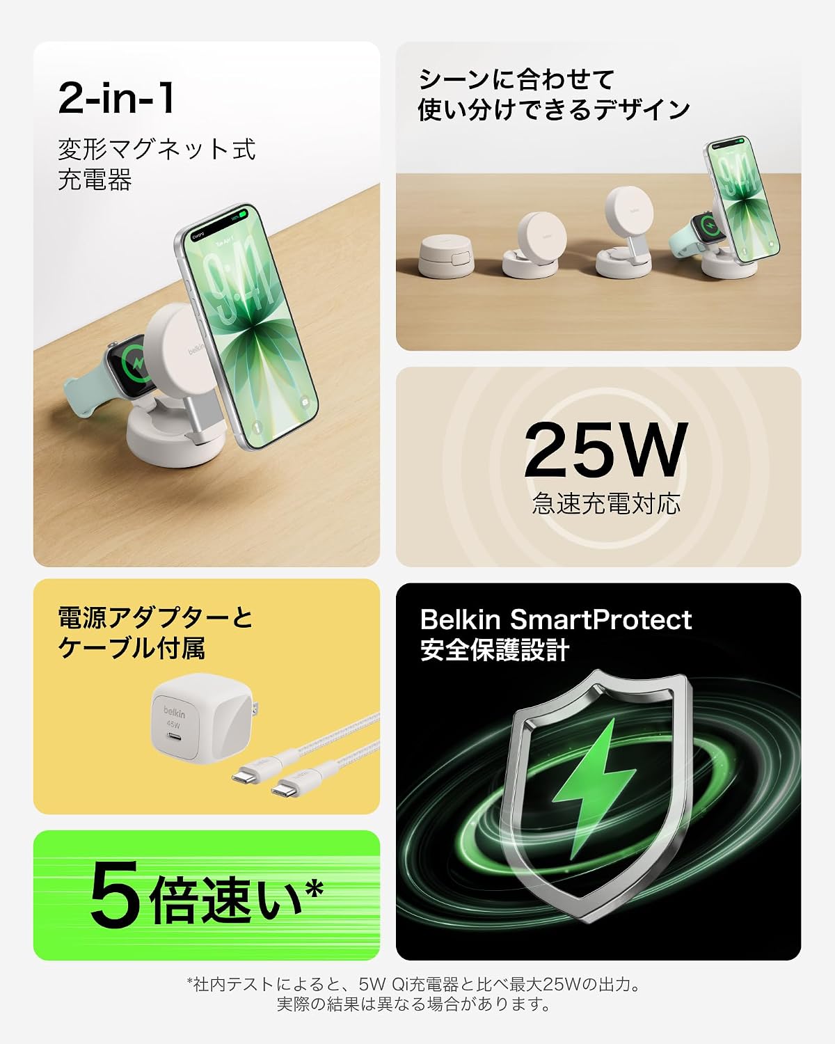 Detalle de Belkin WIZ043dqSD Qi2 25W 2-in-1変形式ワイヤレス充電器 MagSafe対応