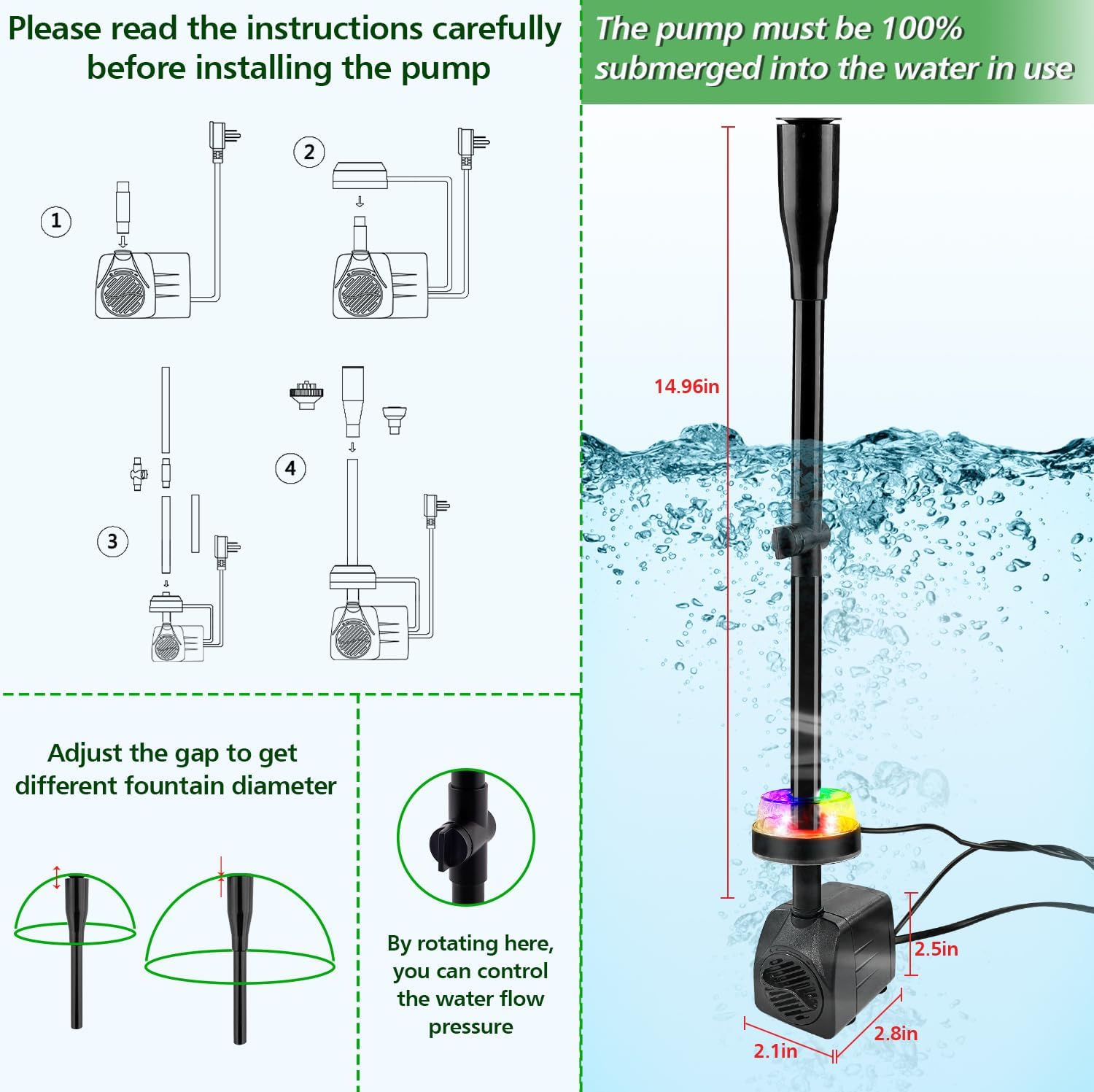 Detalle de NATPOW Submersible Water Pump — 800L/H with RGB LED Lights, 4 Nozzles and 3m Cable