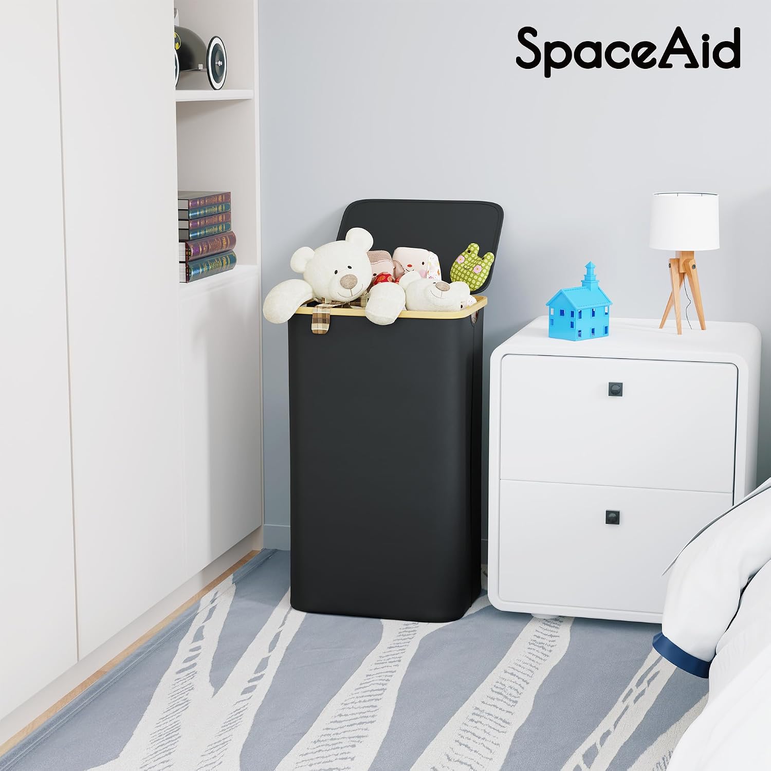 Thumbnail 5 de SpaceAid 110L Large Tall Laundry Hamper with Lid, Collapsible Bamboo-Handle Clothes Basket Bin (Black)