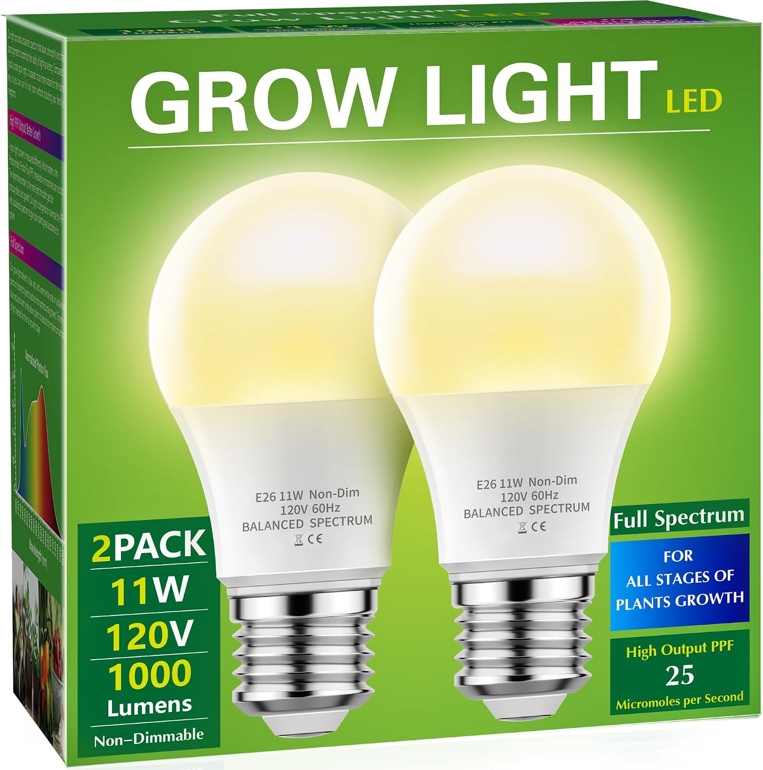 Detalle de Briignite A19 Full-Spectrum LED Grow Light Bulbs, 11W, E26, 2-Pack
