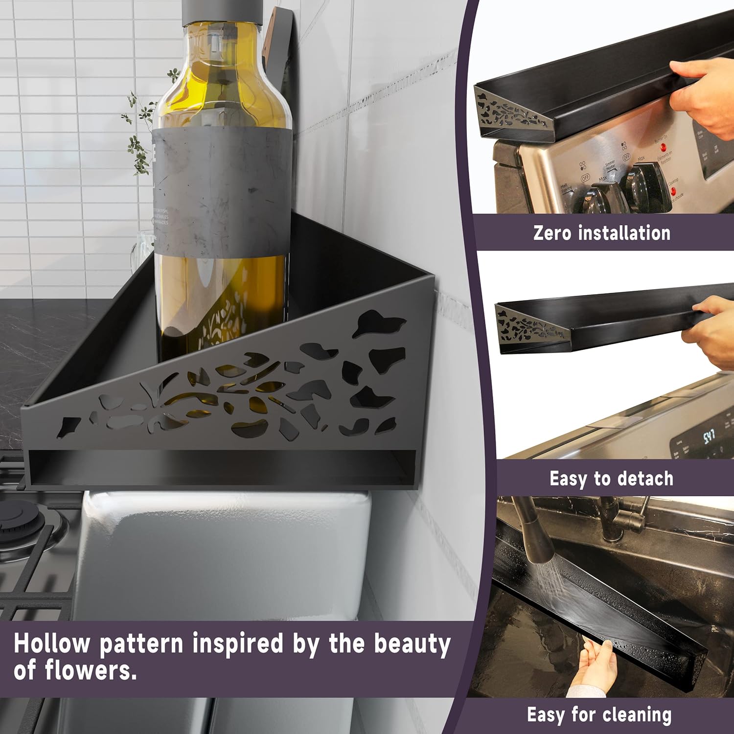 Detalle de STUTOV 30" Magnetic Stove Top Shelf — Black Spice Rack & Seasoning Organizer