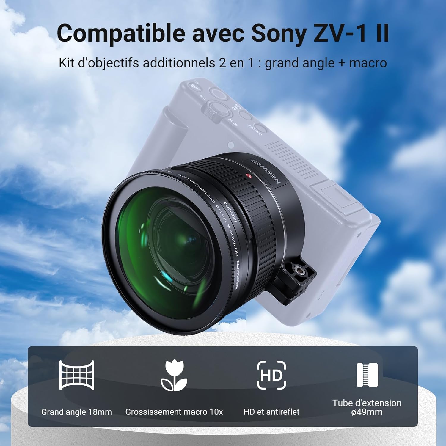 Detalle de NEEWER Objectif grand angle 18mm + macro 10x pour Sony ZV-1 II (ZV-1 M2) avec bague d’extension LS-86