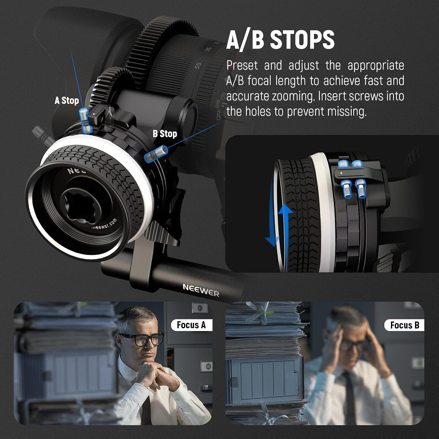Thumbnail 2 de NEEWER PG003 Mini Follow Focus with A/B Stops — 15mm Rod, Lens Gear Ring, up to 114mm diameter