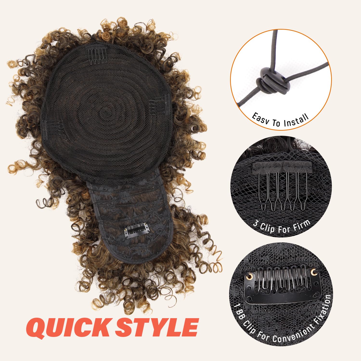 Thumbnail 1 de Builson Drawstring Ponytail for Black Women (Afro Puff Kinky Curly) with Bangs, Natural Black/Blond (T27)