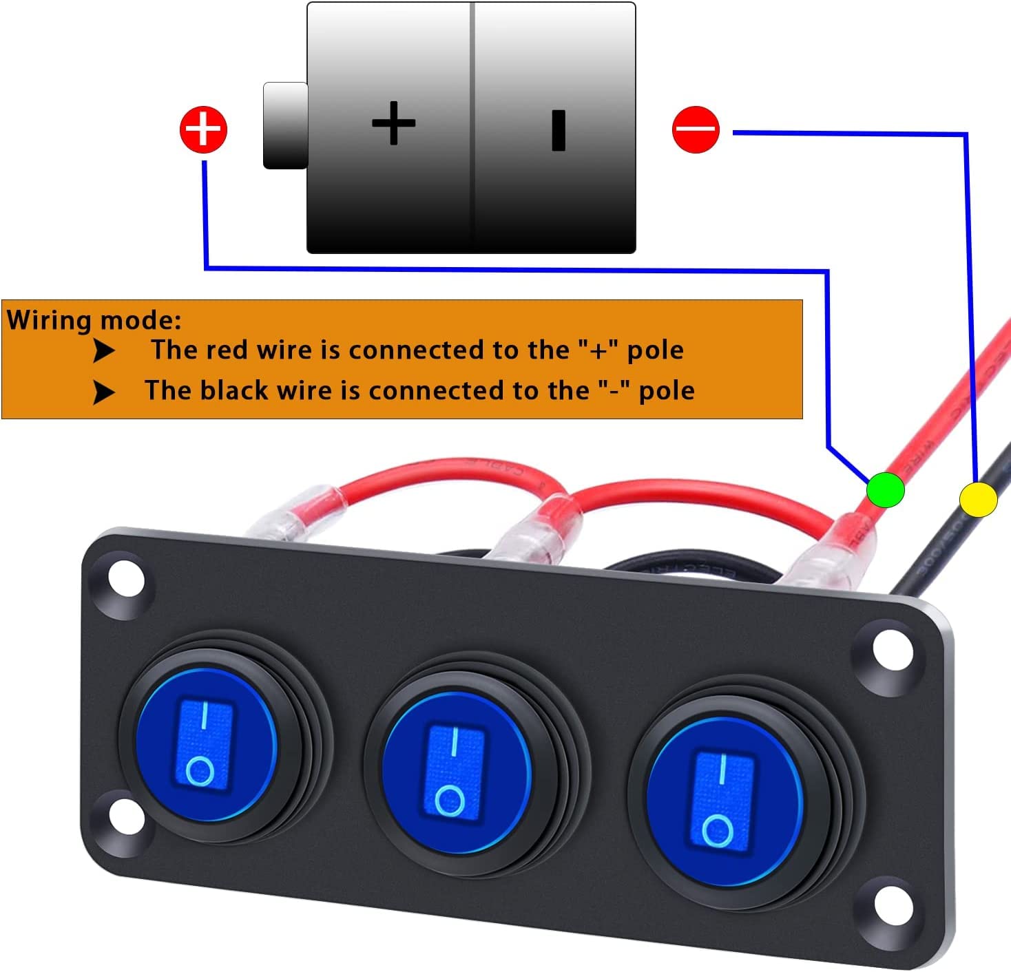 Detalle 2 de Taiss 3-Gang 12V Waterproof Toggle Rocker Switch Panel with Blue LED (KCD1-8-101NW-BU-BX)