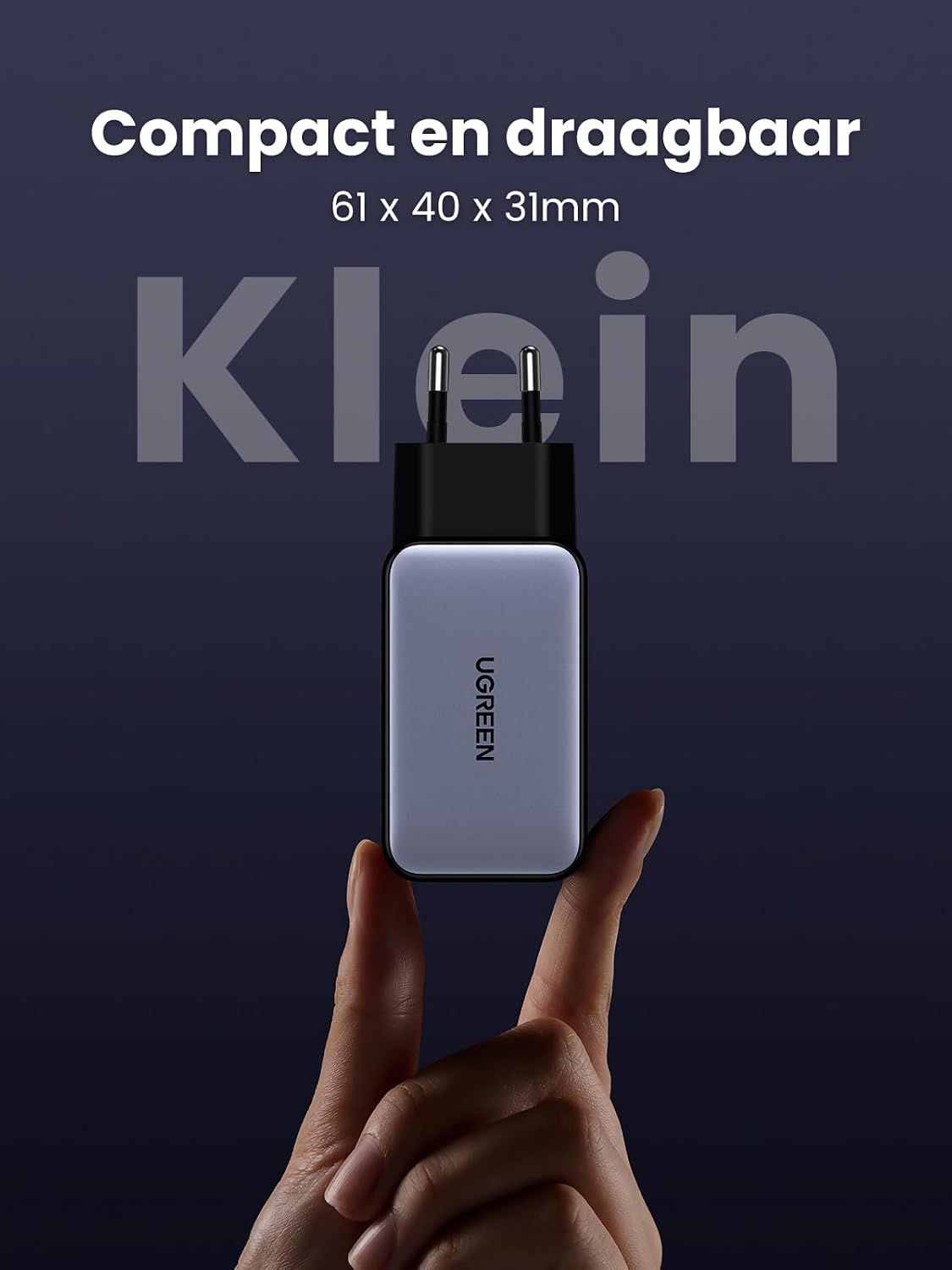 Detalle de UGREEN Nexode 65W USB-C-oplader met 3 poorten en GaN-technologie