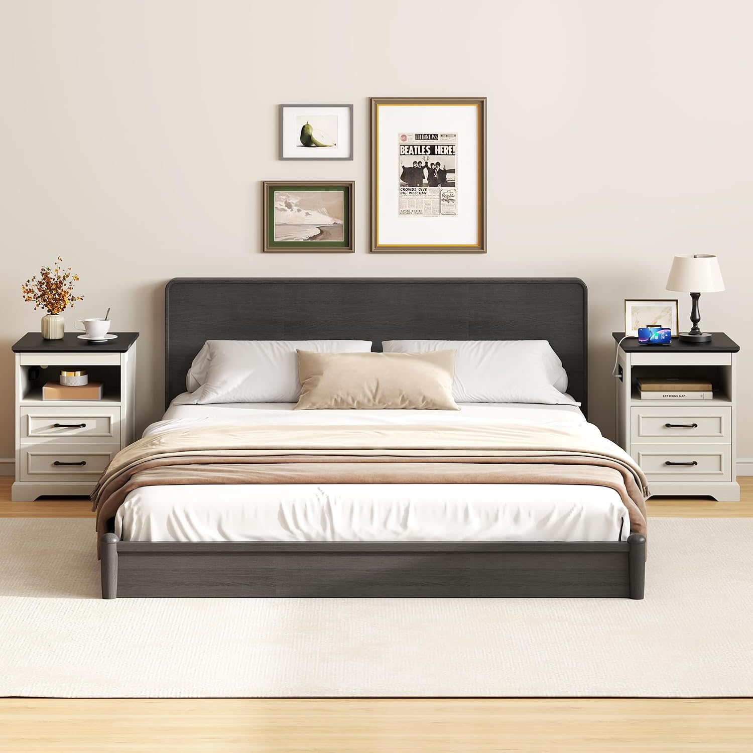 Thumbnail 6 de Yusong Nightstands Farmhouse Bedside Table with Charging Station and 2 Drawers