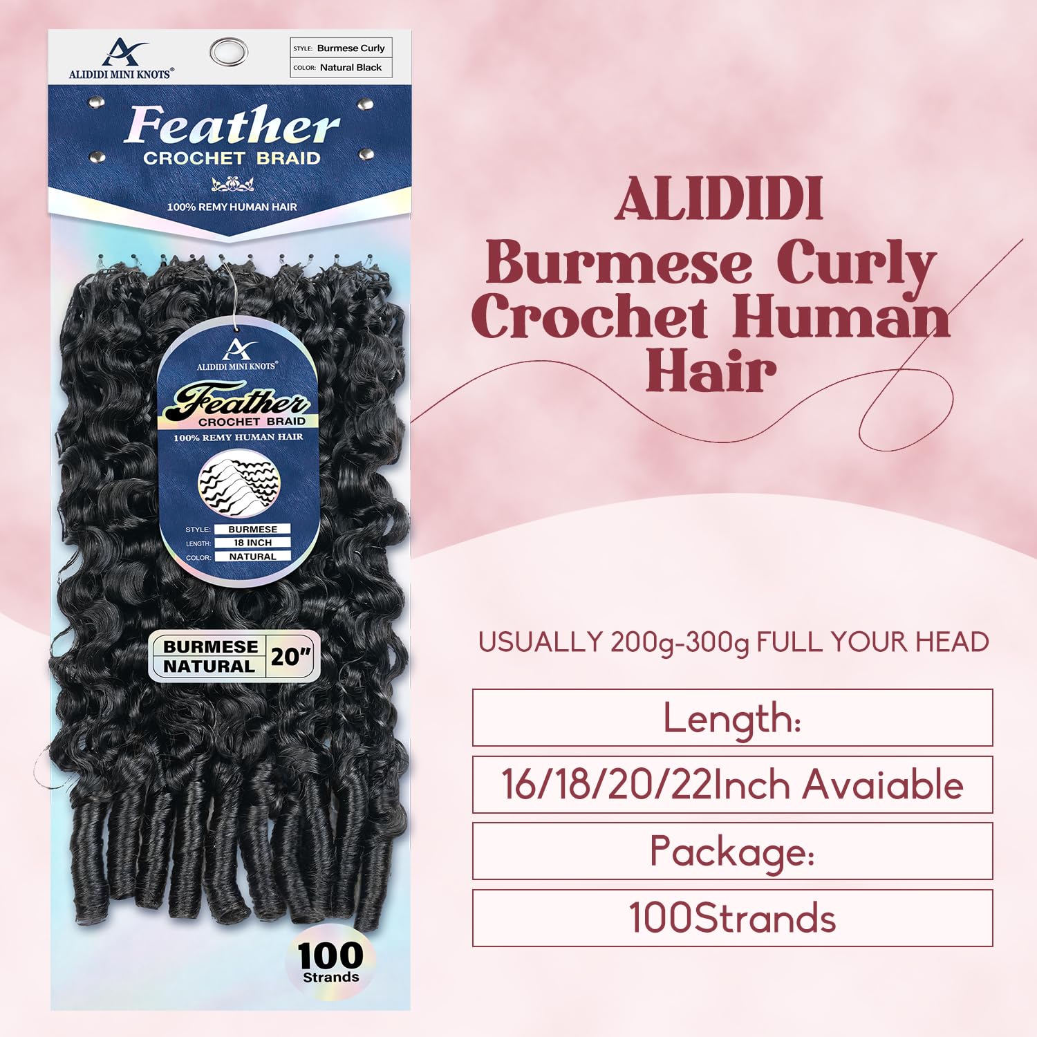 Thumbnail 1 de Burmese Curly Crochet Hair 16 Inch – 100 Strands, 3C/4A Texture, Knotless Pre-Separated Feather Crochet for Reusable, Natural Black Look
