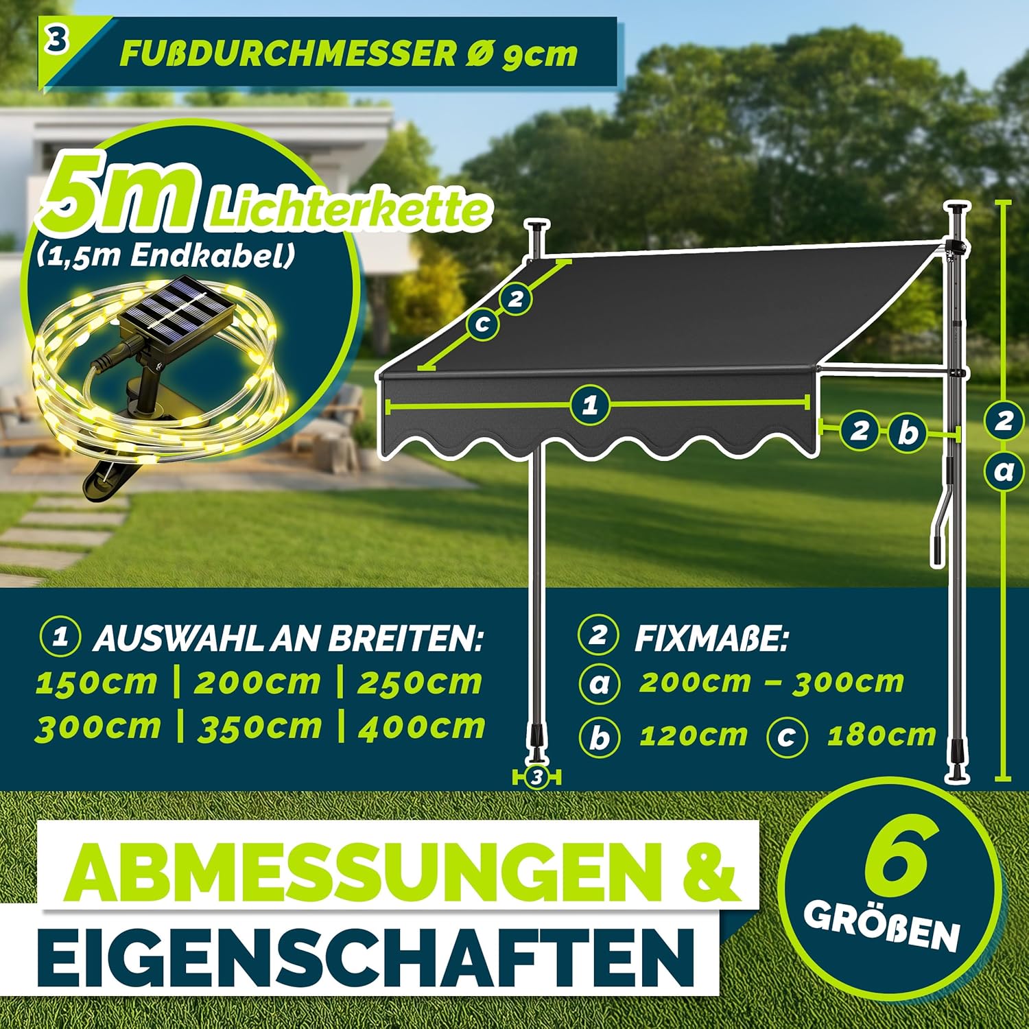 Thumbnail 5 de tillvex Klemmmarkise mit Handkurbel & LED Lichterkette – 250 cm, ohne Bohren, höhenverstellbar