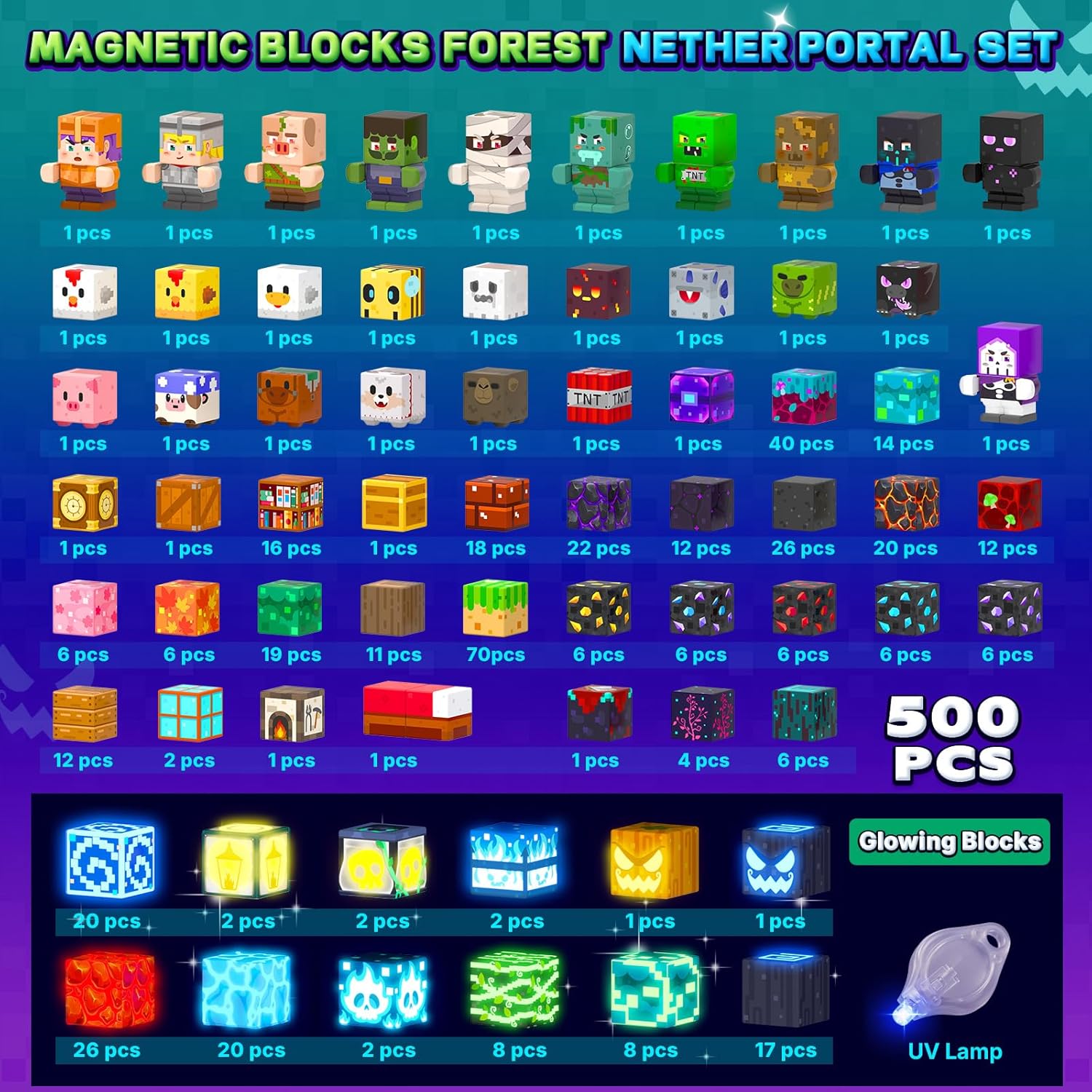 Detalle de IGIVI 500-Piece Magnetic Blocks with Light Up Blocks: Build a Glow-in-the-Dark MagWorld