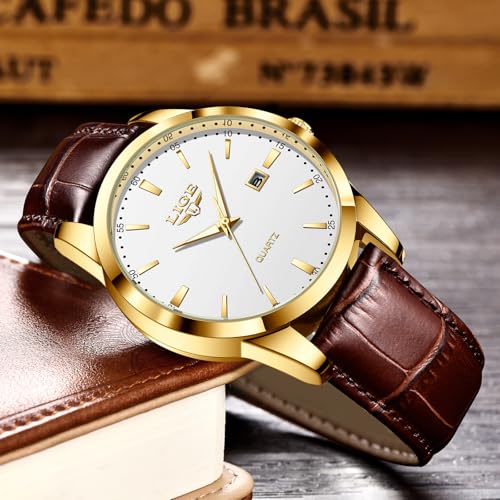 Thumbnail 4 de LIGE Mens Watches Waterproof Analogue Vintage Quartz with Date, Brown Leather – Gold/White