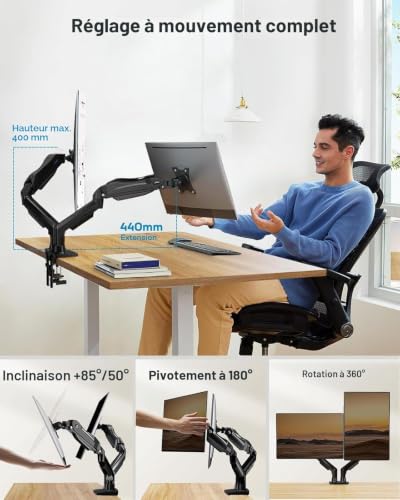 Detalle 2 de HUANUO Support Écran PC 2 écrans 13–32 pouces – Bras pour écrans plats, VESA 75×75/100×100mm, noir