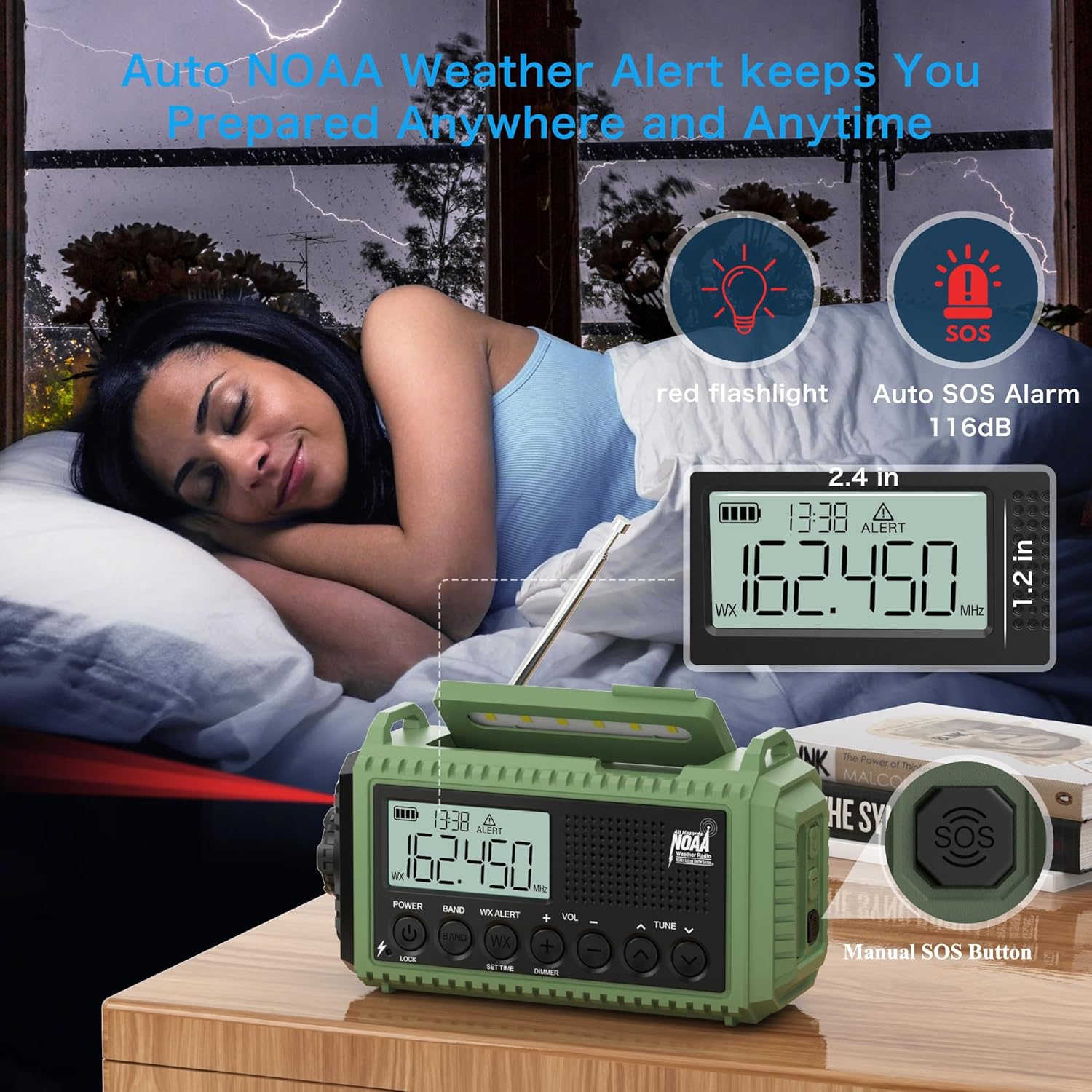 Detalle 2 de Eoxsmile NOAA Weather Radio 12000mAh Emergency Crank & Solar AM/FM Shortwave Radio (USB-C)