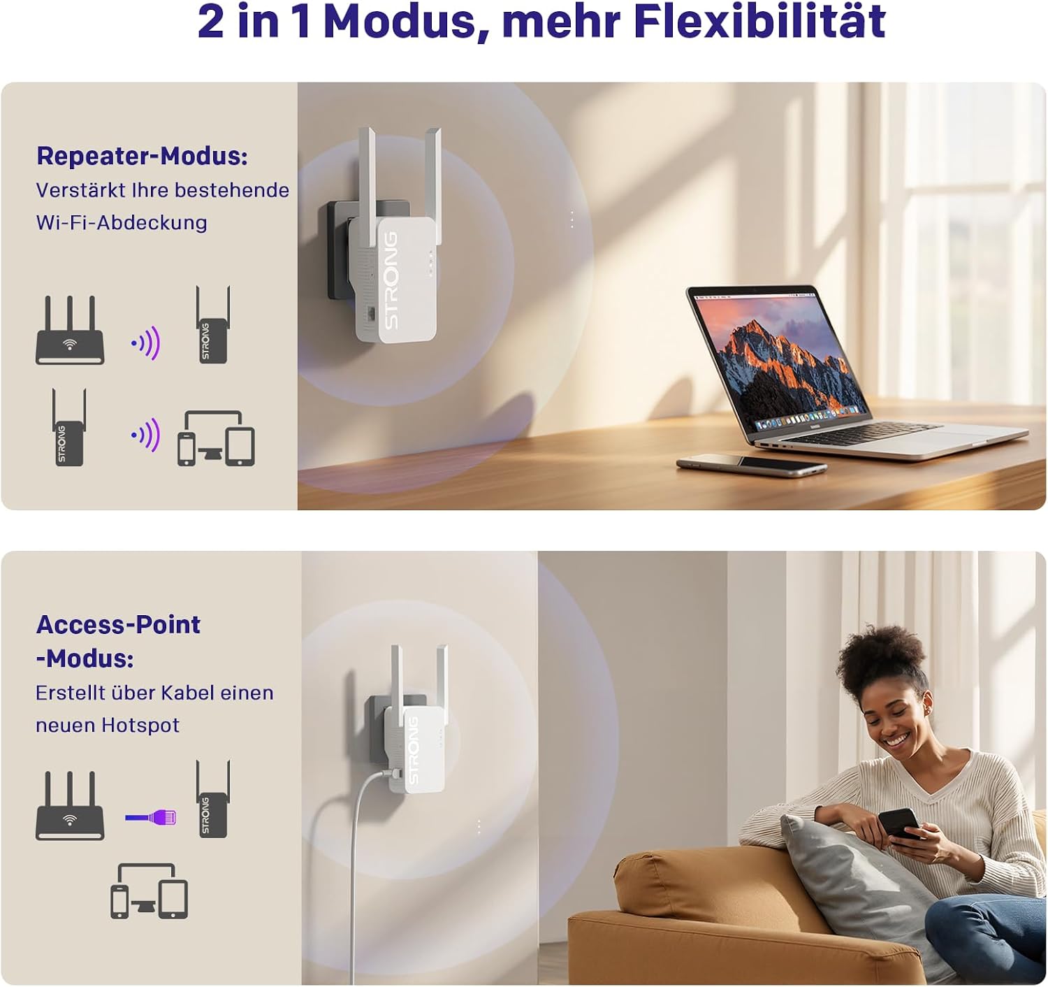 Detalle 2 de STRONG AX3000 WLAN-Verstärker für Steckdose – Wi-Fi 6, Dualband Repeater & Access Point mit 2 externen Antennen
