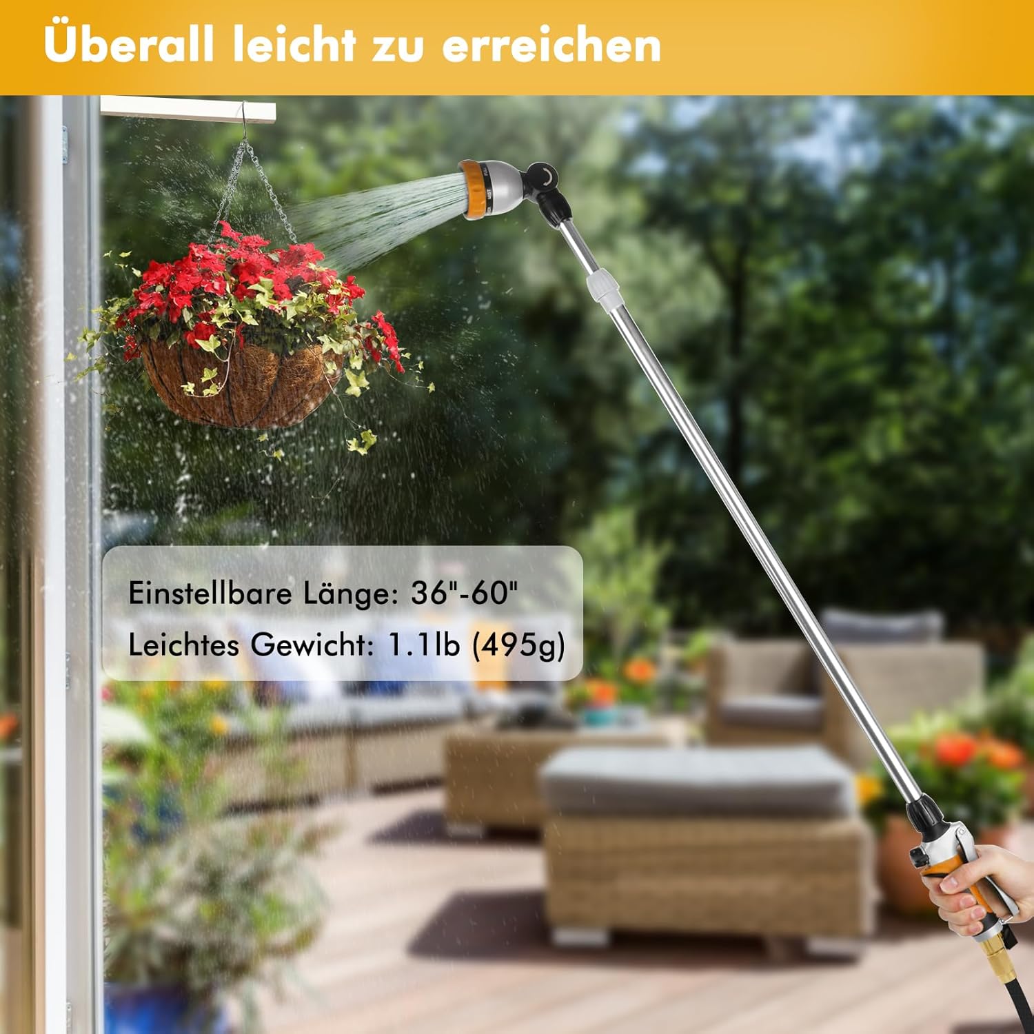 Thumbnail 4 de RESTMO Langer Teleskop-Gießstab 92–152 cm mit 180° Kopf, 7 Sprühmustern und Durchflusskontrolle – Gelb