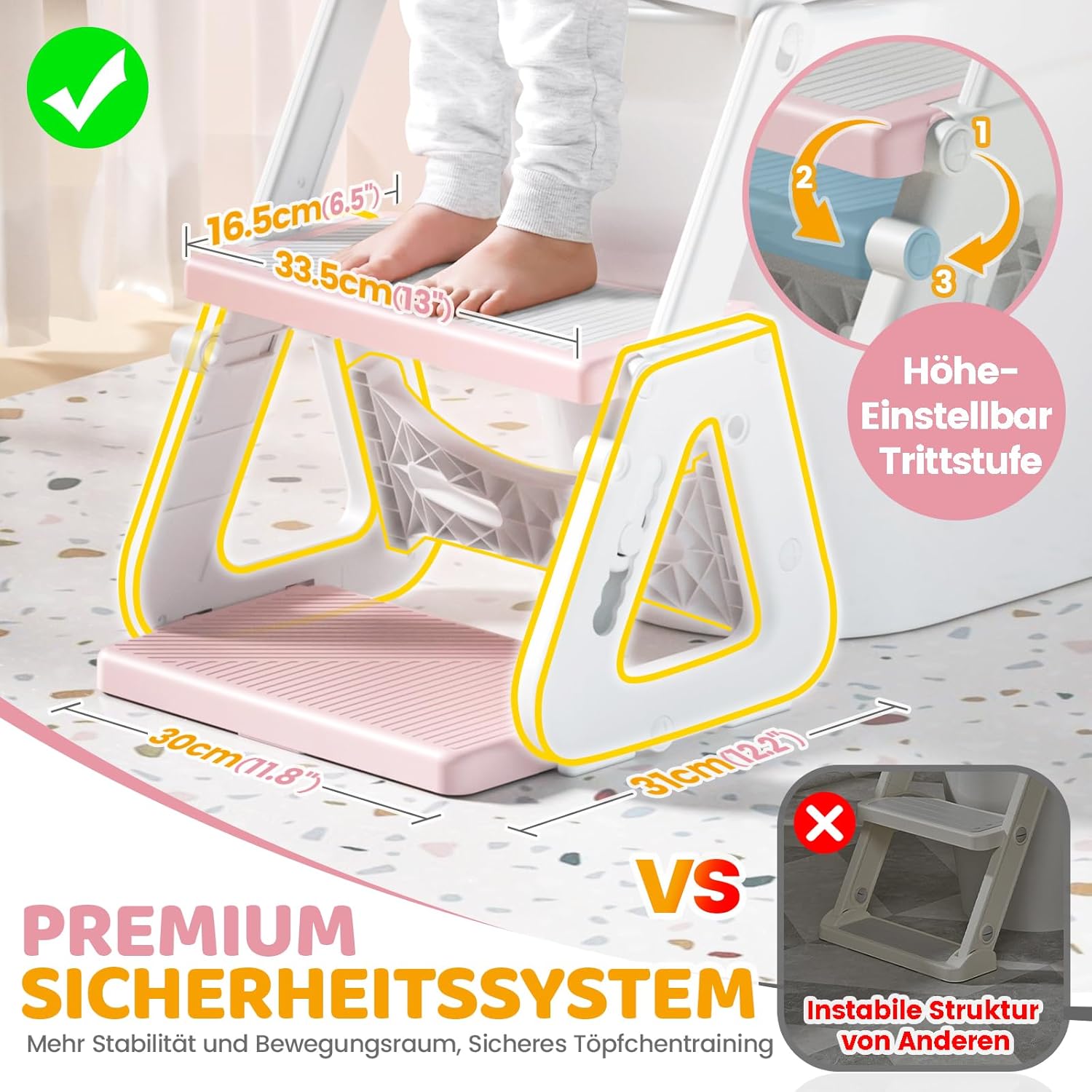 Detalle 2 de Orzbow Kinder-Toilettensitz mit Treppe: stabiler Aufsatz mit Spritzschutz (rosa)