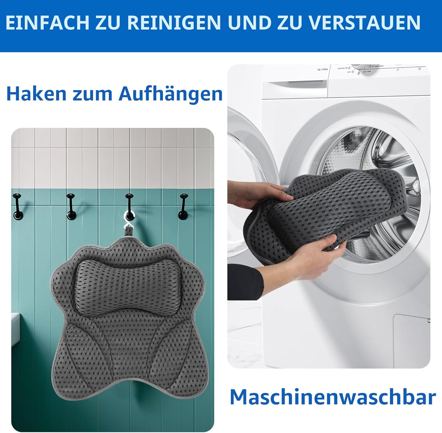 Thumbnail 2 de Badewannenkissen 4D Mesh mit 6 Saugnäpfen – Komfortables Badewannen-Kissen für Nacken, Schultern und Rücken (Grau)