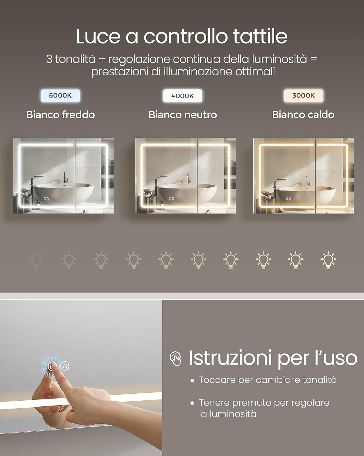 Detalle de VASAGLE Kailyn Collezione – Armadietto a Specchio da Parete per Bagno con LED e Presa Multipla (Bianco, 16,5 x 80 x 60 cm, BBK134W01)