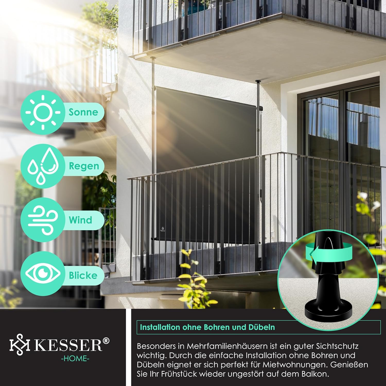 Detalle 2 de KESSER® Klemmmarkise 120x310 cm – senkrechte Vertikalmarkise für Balkon & Garten (wetterfest, ausziehbar, Anthrazit)