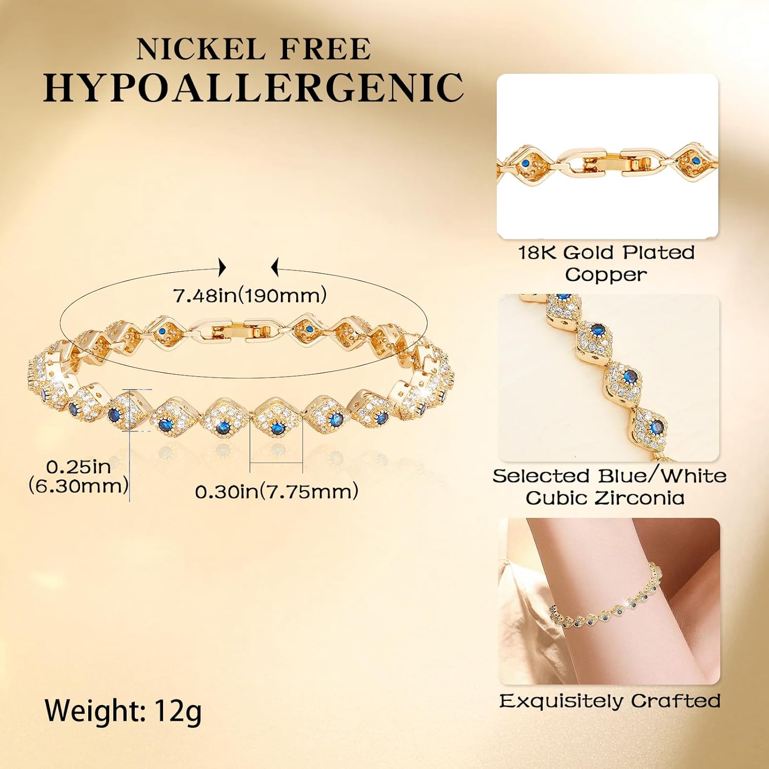 Detalle de Richapex 18K Gold Plated Evil Eye Sapphire Bracelet – 7.48 inch