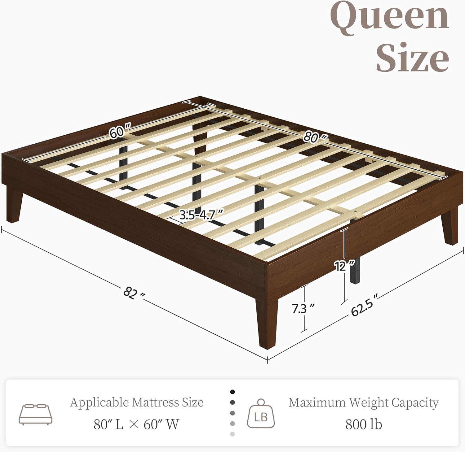 Thumbnail 1 de Yaheetech YT-00145039-001 Queen Bed Frame, Dark Walnut Wood Slats