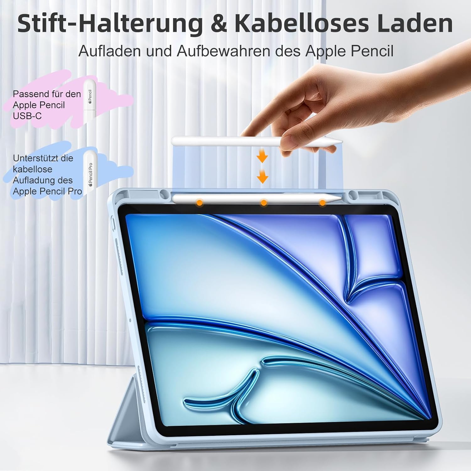 Thumbnail 3 de Vobafe Hülle für iPad Air 13 Zoll M4 2026 / M3 2025 / M2 2024 – Hellblau mit Stifthalter, Dreifaltiger Ständer-Schutzcover und Auto Wake/Sleep