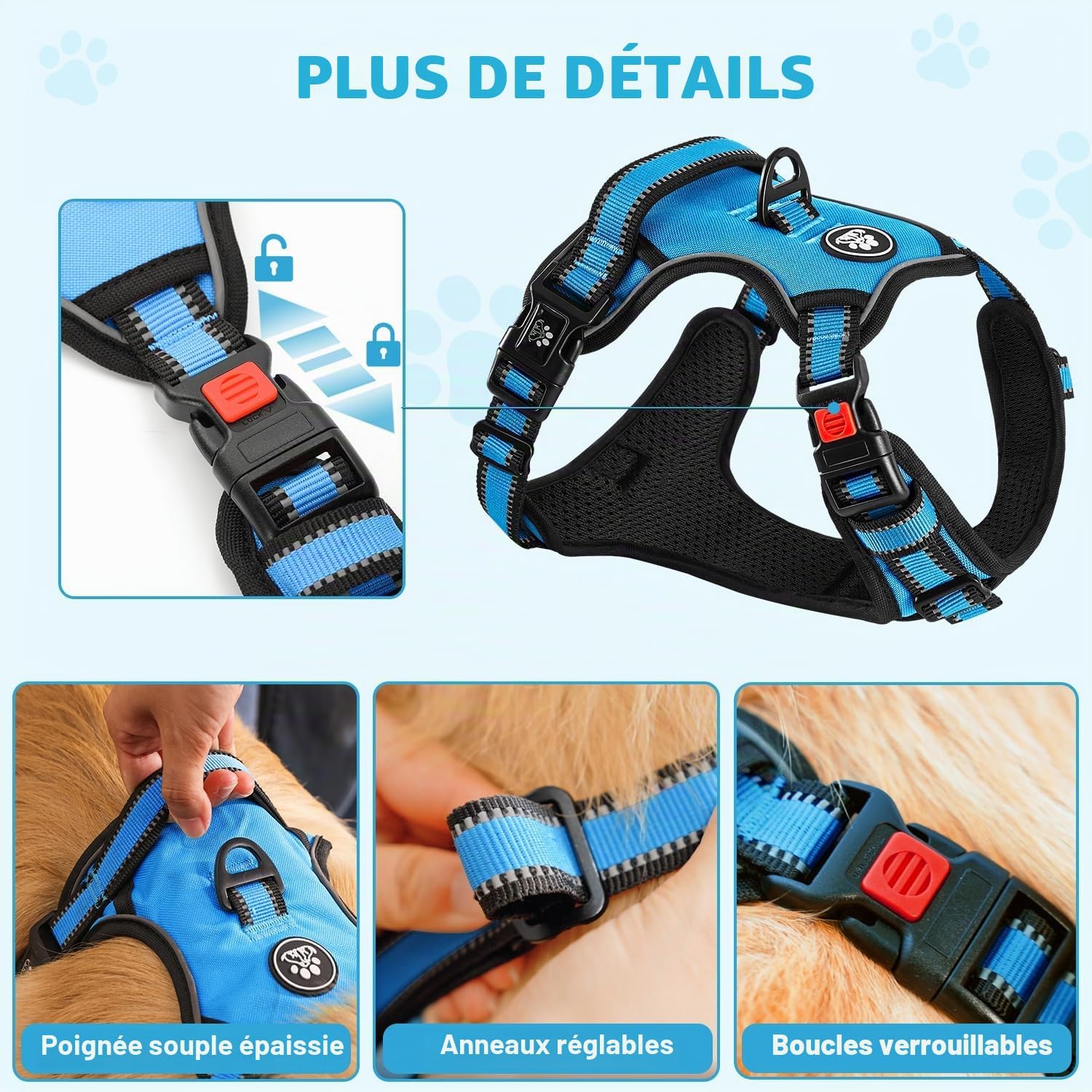 Detalle de Harnais pour Chien anti-tirage en Oxford réfléchissant, taille ajustable, avec poignée rembourrée et 4 sangles – Gilet de harnais
