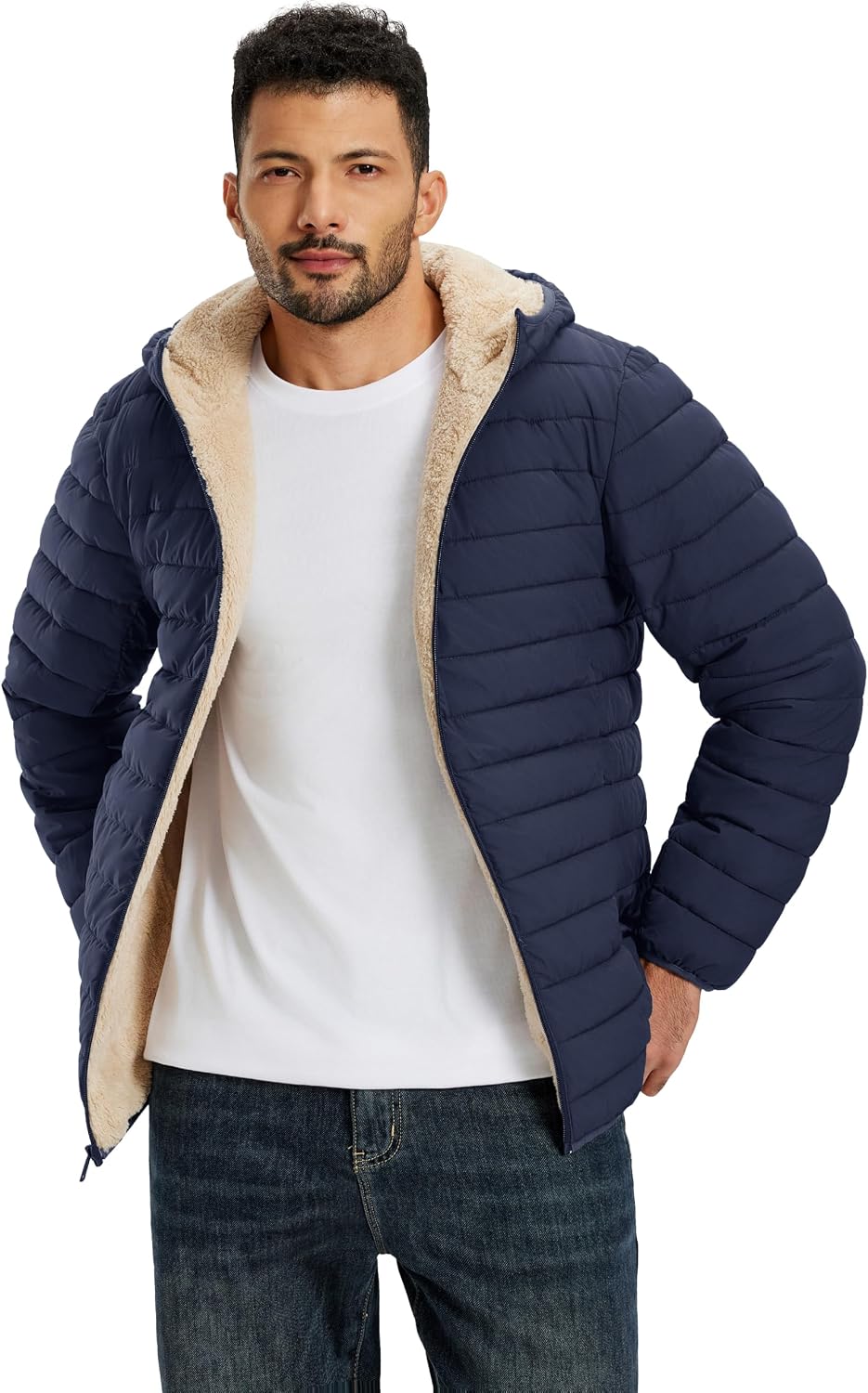 Detalle de TACVASEN Men's Sherpa-Lined Hooded Puffer Jacket, Windproof and Water-Resistant