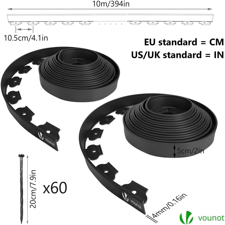 Thumbnail 2 de VOUNOT Lawn Edging 20m with 60 Pegs – Flexible Plastic Border for Grass, Beds and Paths